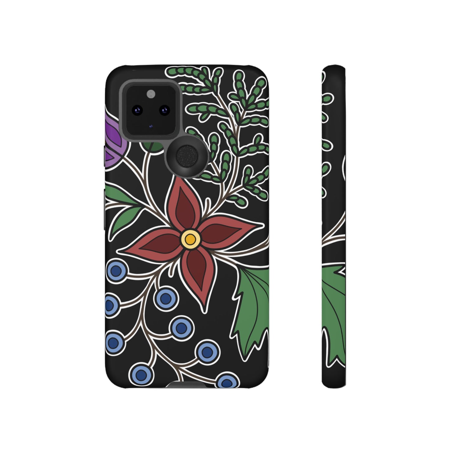 Giizhik (Cedar) & Miinan (Blueberries) Ojibwe Floral Tough Phone Cases - Black