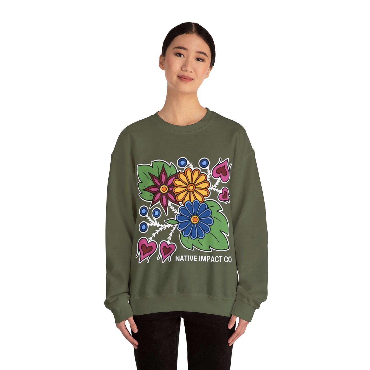 Hearts & Berries Contemporary Ojibwe Floral Design - Unisex Gildan Heavy Blend™ Crewneck Sweatshirt