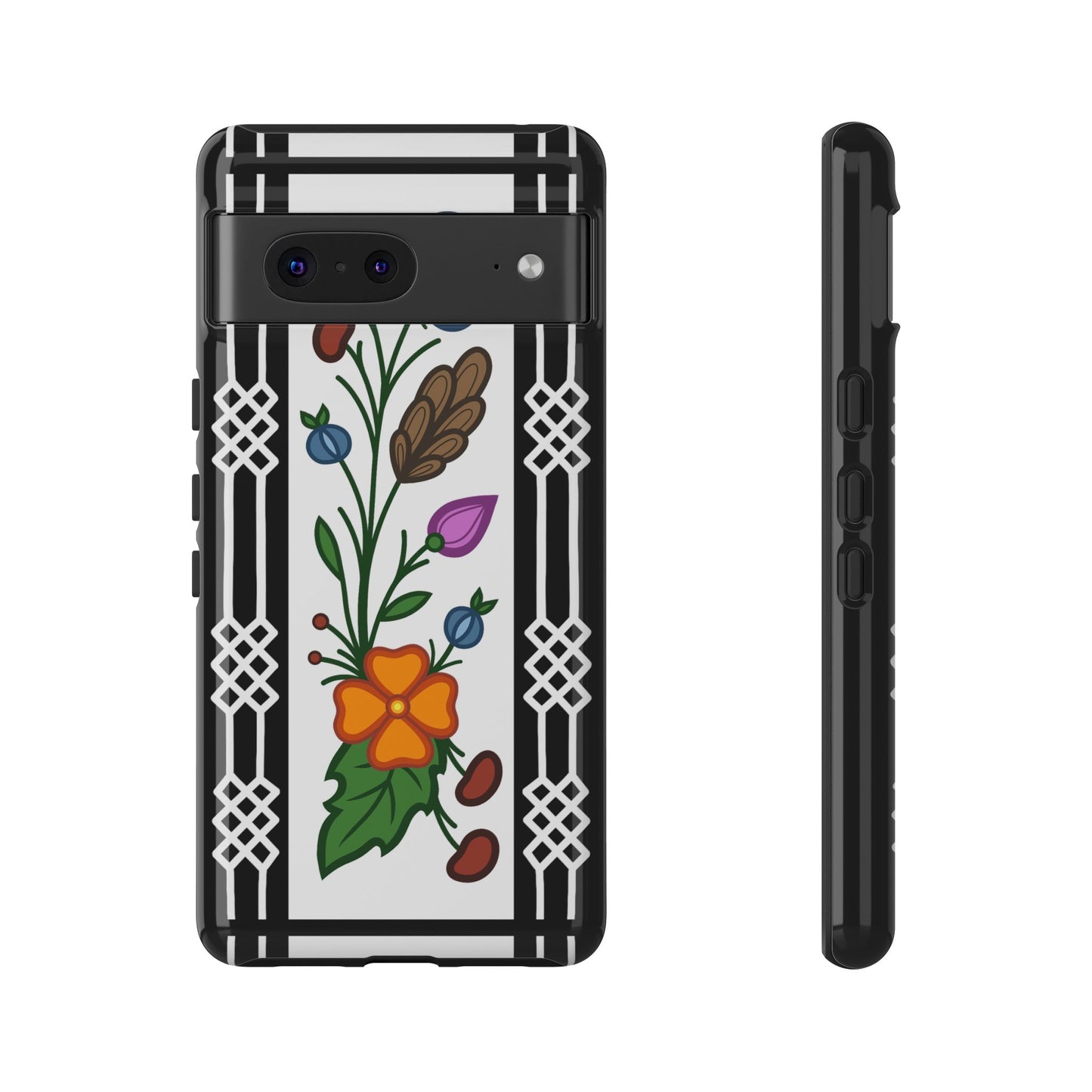 Ojibwe Floral Panel & Otter Track Geometric Border - Tough Phone Cases - Black