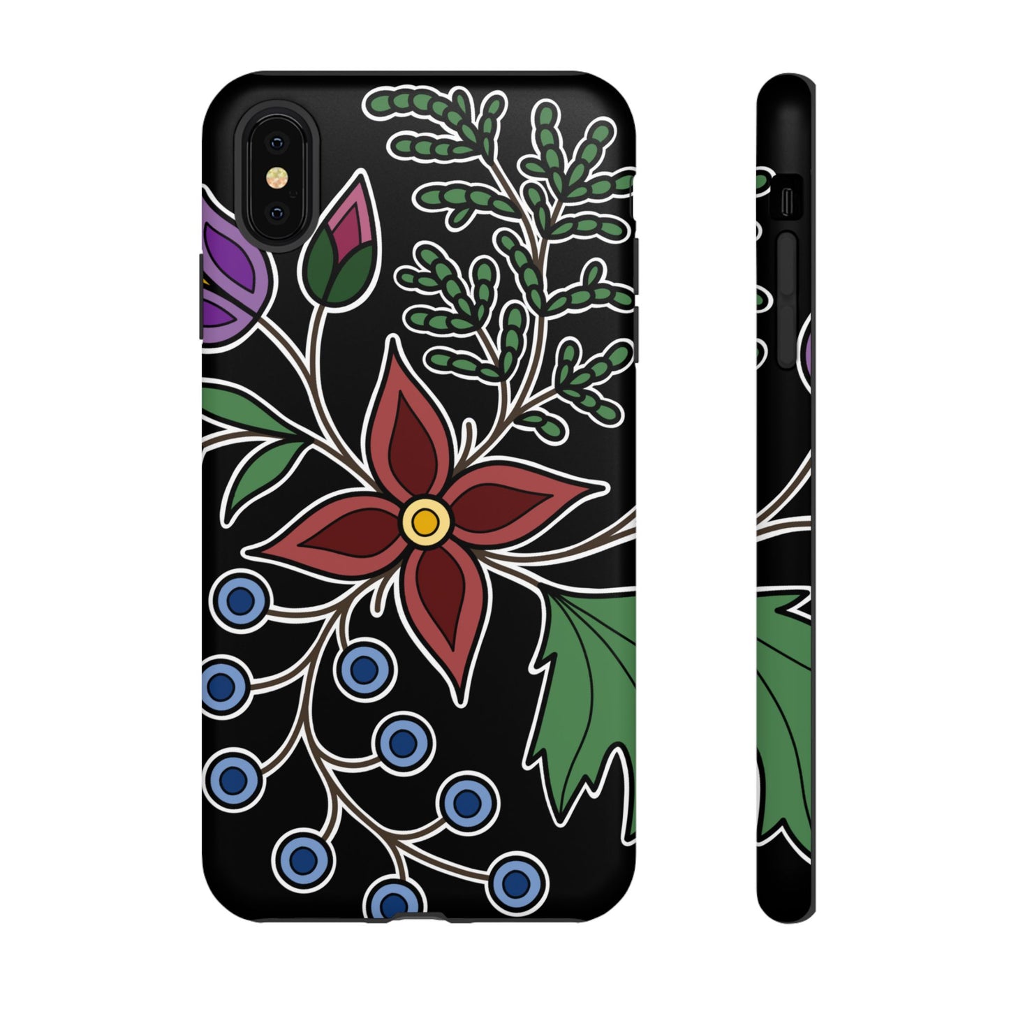 Giizhik (Cedar) & Miinan (Blueberries) Ojibwe Floral Tough Phone Cases - Black