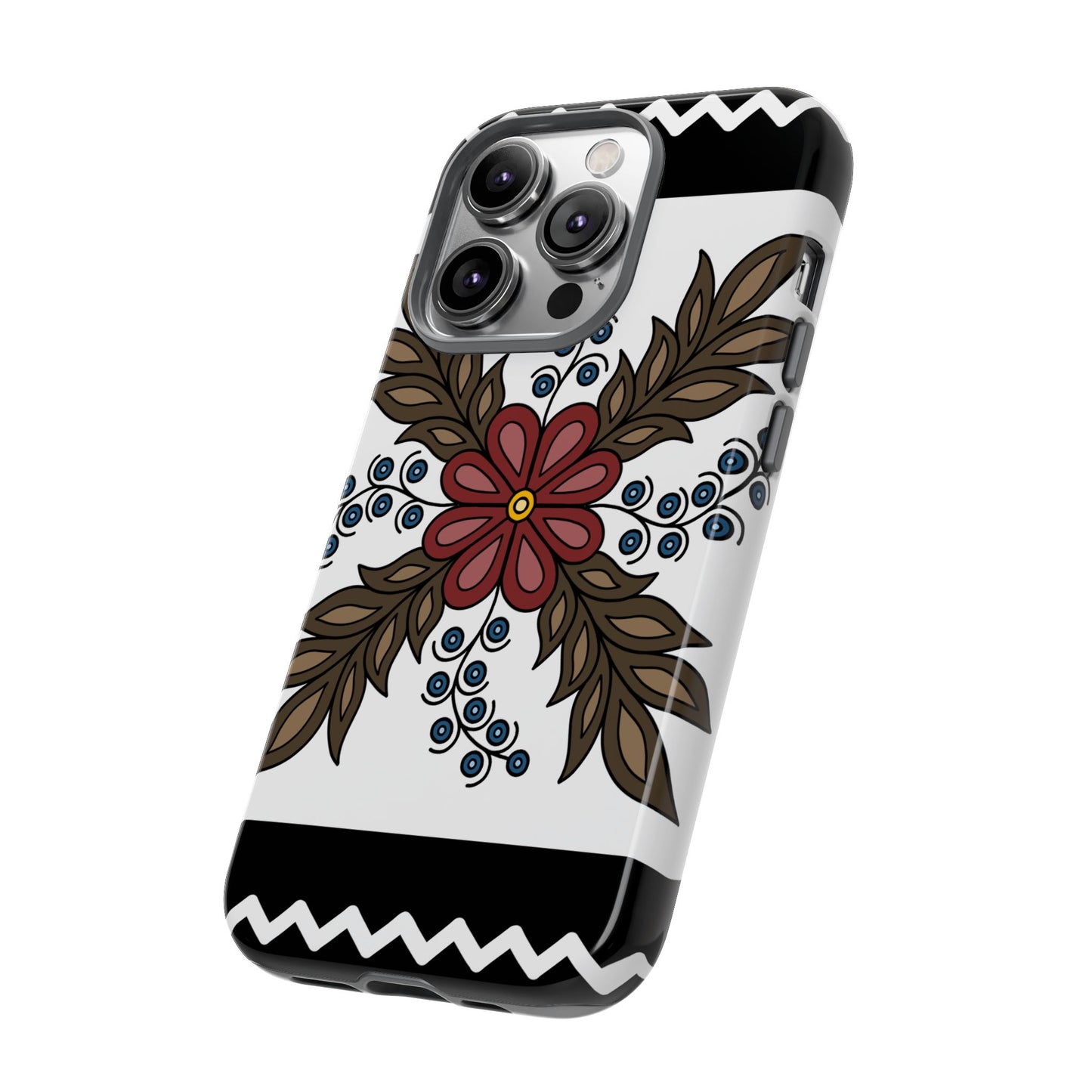 Traditional Style Ojibwe Floral Design With Zig-Zag Geometric Border Design - Tough Phone Cases - Black