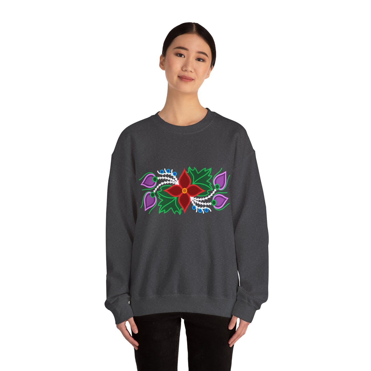 Red Floral & Blue Berries - Ojibwe Floral Design - Unisex Gildan Heavy Blend™ Crewneck Sweatshirt