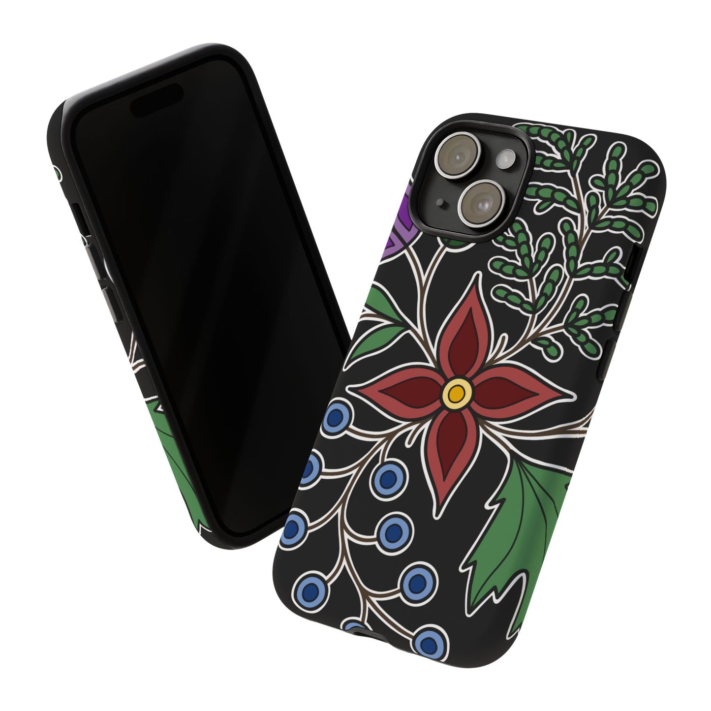 Giizhik (Cedar) & Miinan (Blueberries) Ojibwe Floral Tough Phone Cases - Black