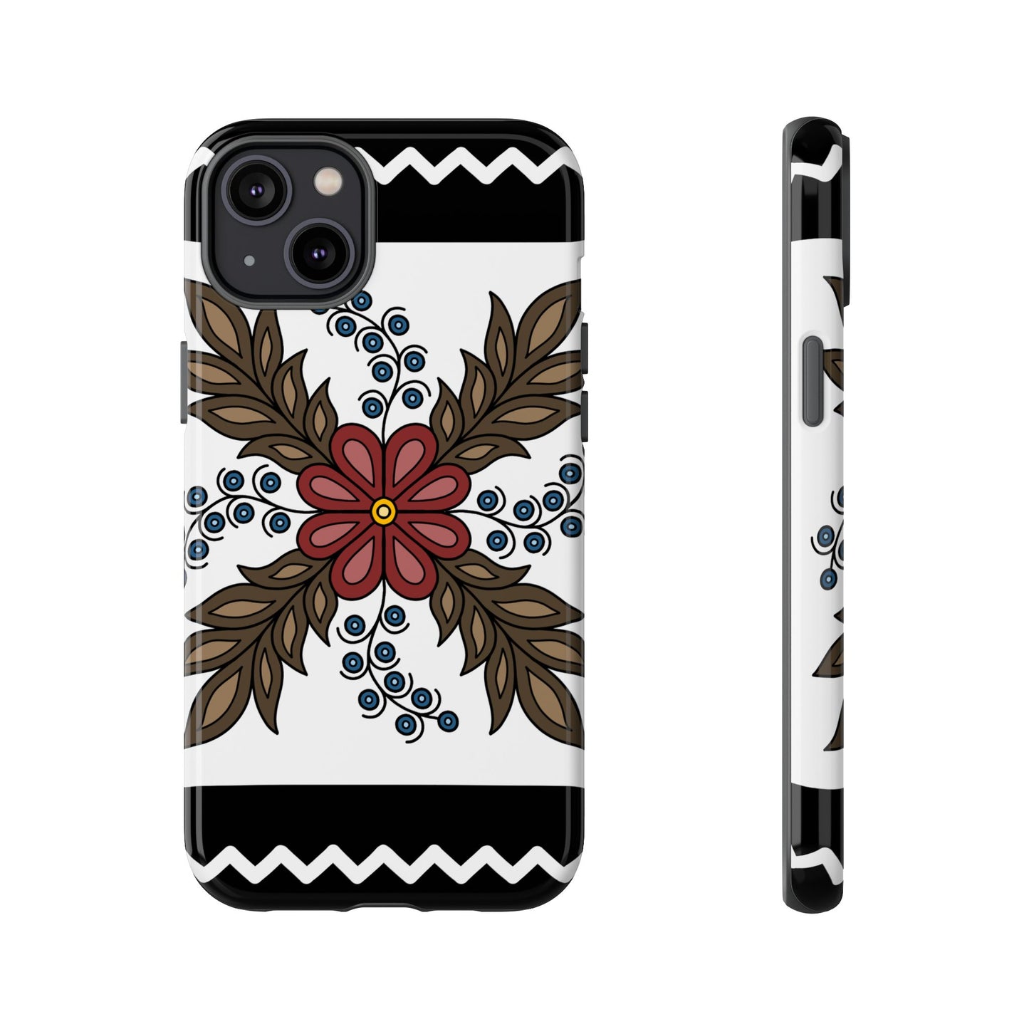 Traditional Style Ojibwe Floral Design With Zig-Zag Geometric Border Design - Tough Phone Cases - Black