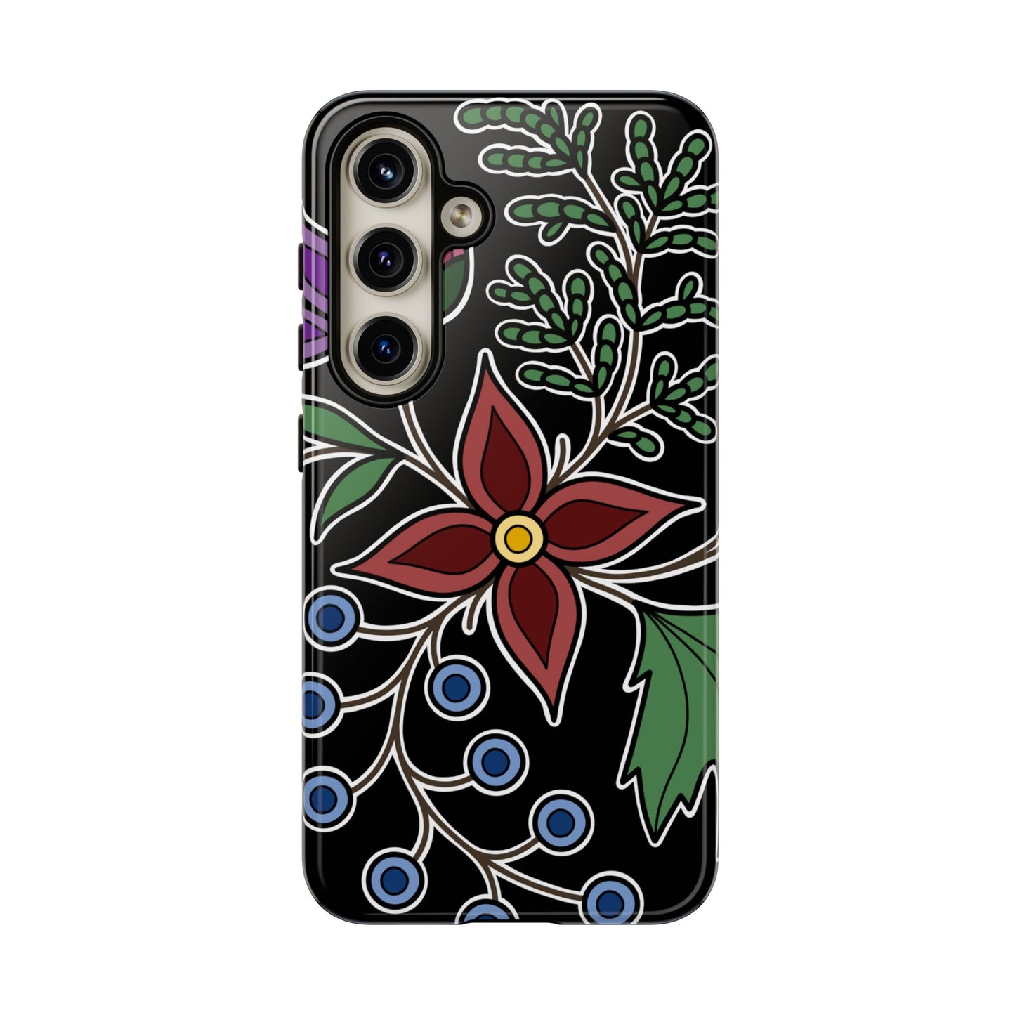 Giizhik (Cedar) & Miinan (Blueberries) Ojibwe Floral Tough Phone Cases - Black