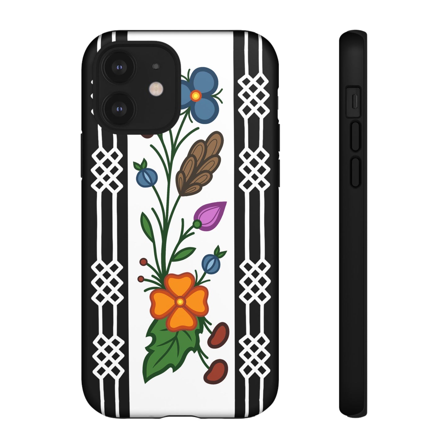 Ojibwe Floral Panel & Otter Track Geometric Border - Tough Phone Cases - Black