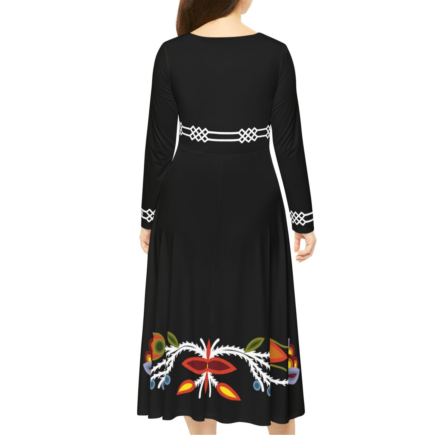 Ojibwe Florals With Otter Track Geometric Detailing - Women's Long Sleeve Dress