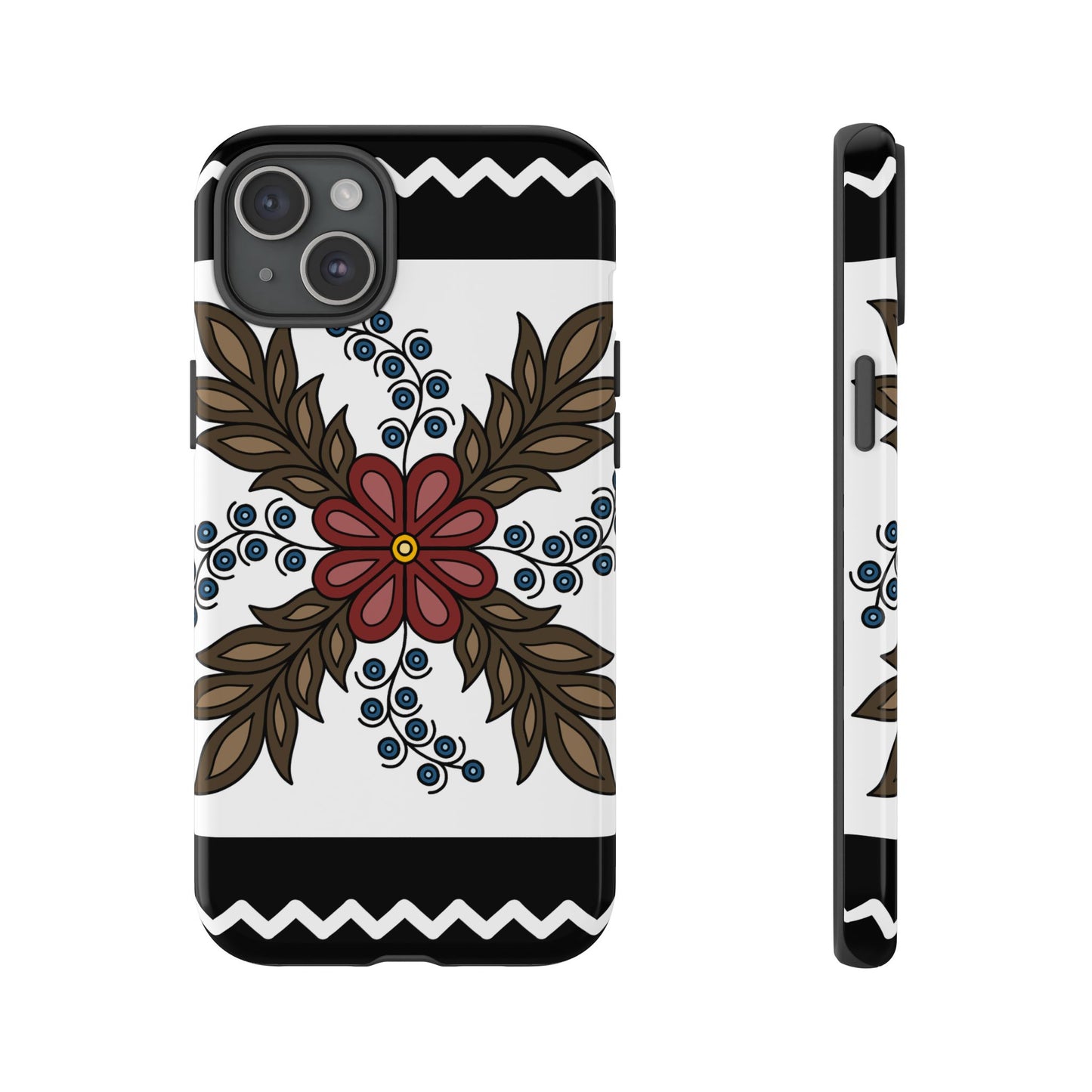 Traditional Style Ojibwe Floral Design With Zig-Zag Geometric Border Design - Tough Phone Cases - Black