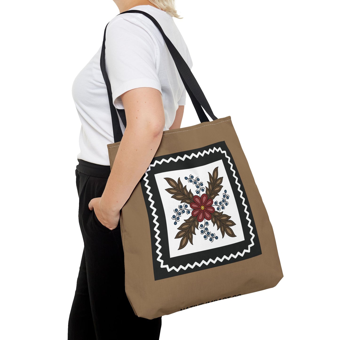 Traditional Style Ojibwe Floral With Zig-Zag Geometric Border Design - Tote Bag