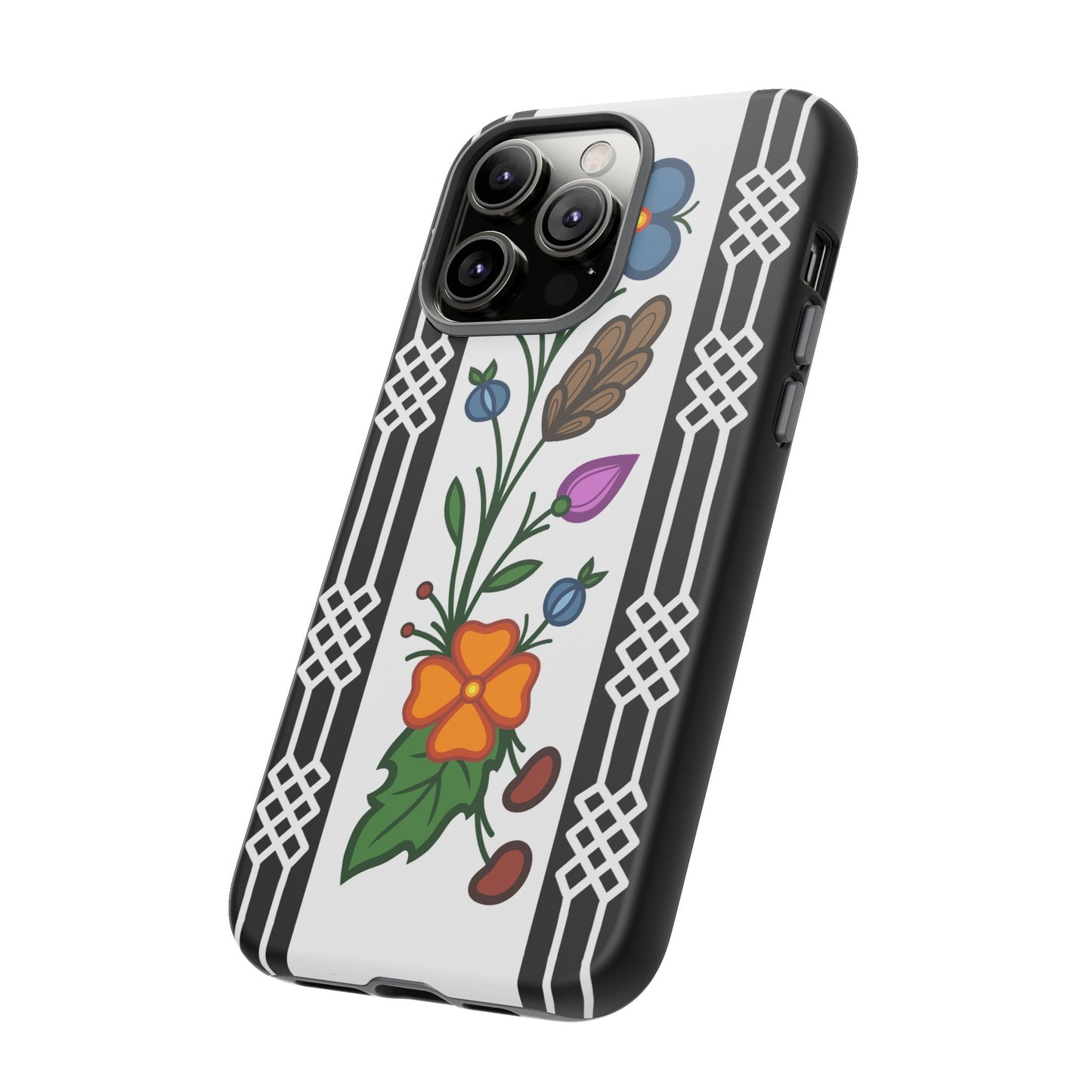 Ojibwe Floral Panel & Otter Track Geometric Border - Tough Phone Cases - Black