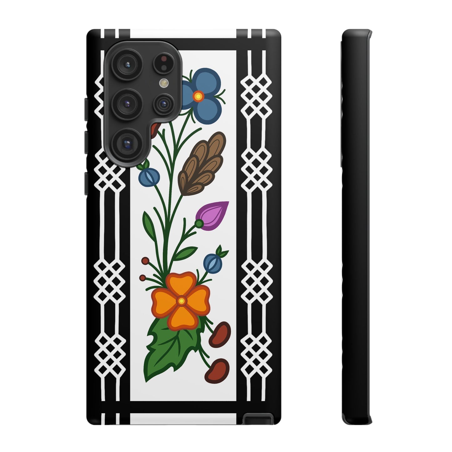 Ojibwe Floral Panel & Otter Track Geometric Border - Tough Phone Cases - Black