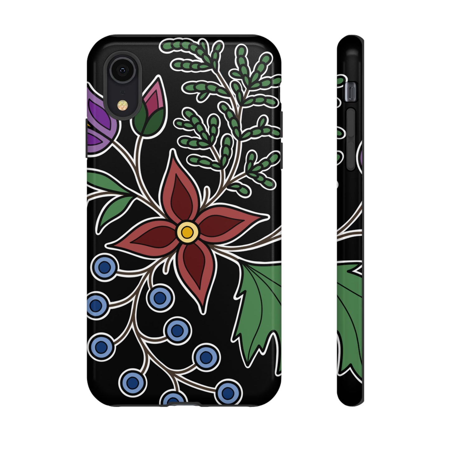 Giizhik (Cedar) & Miinan (Blueberries) Ojibwe Floral Tough Phone Cases - Black