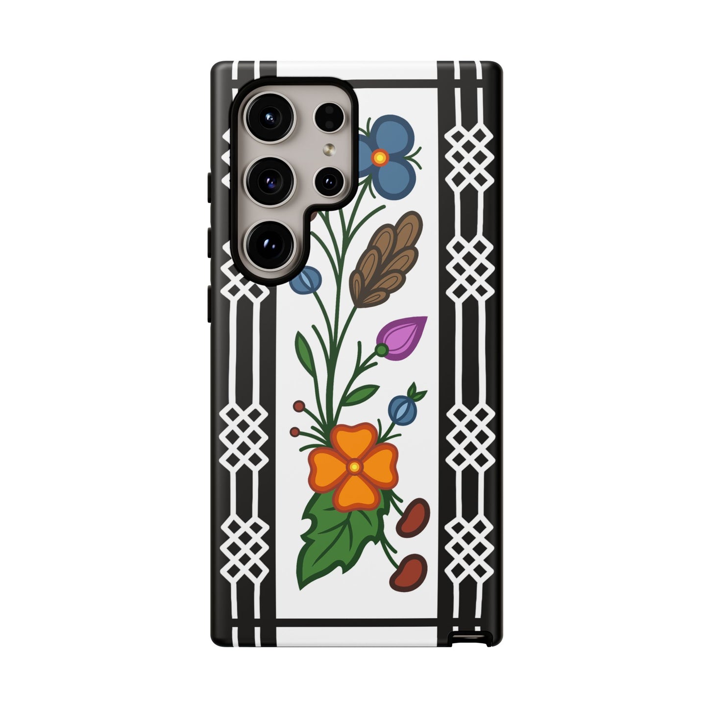 Ojibwe Floral Panel & Otter Track Geometric Border - Tough Phone Cases - Black