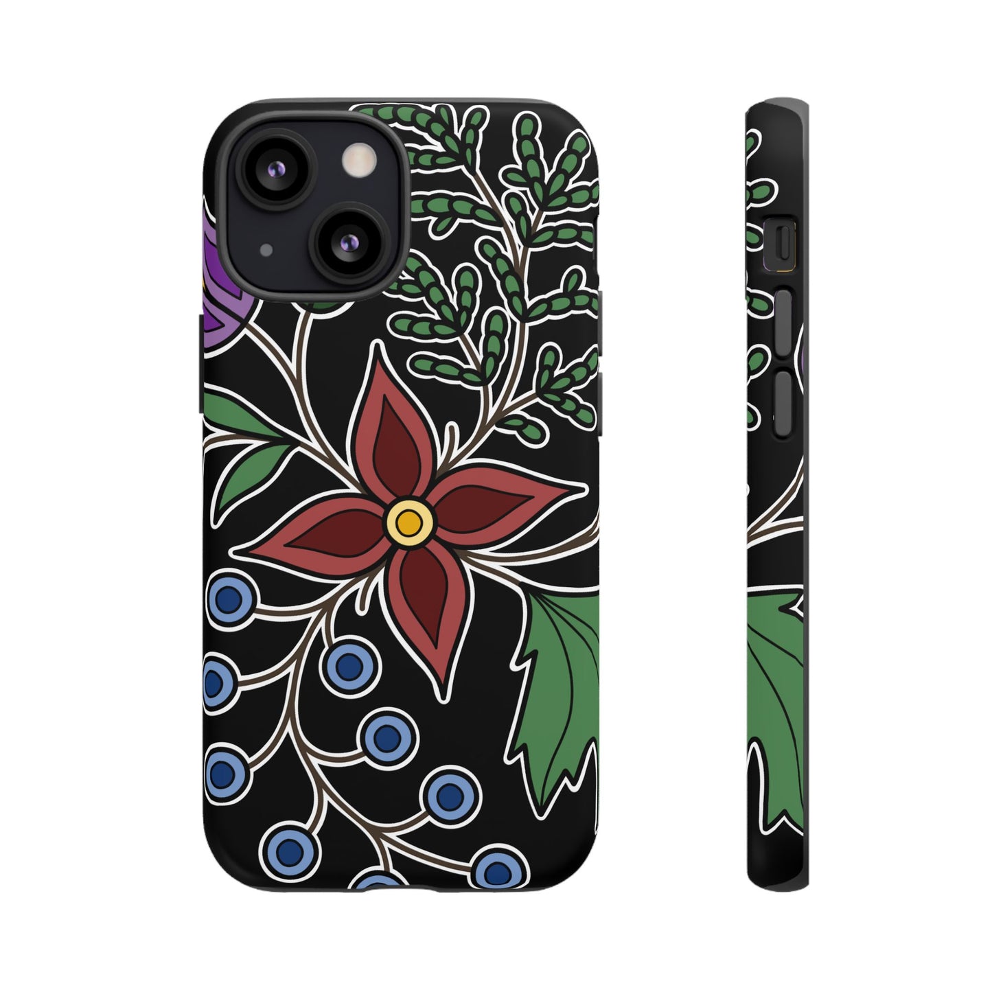 Giizhik (Cedar) & Miinan (Blueberries) Ojibwe Floral Tough Phone Cases - Black