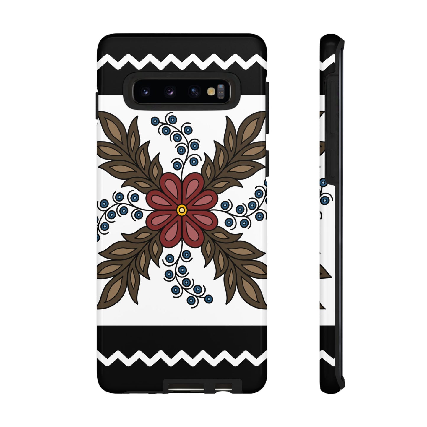 Traditional Style Ojibwe Floral Design With Zig-Zag Geometric Border Design - Tough Phone Cases - Black