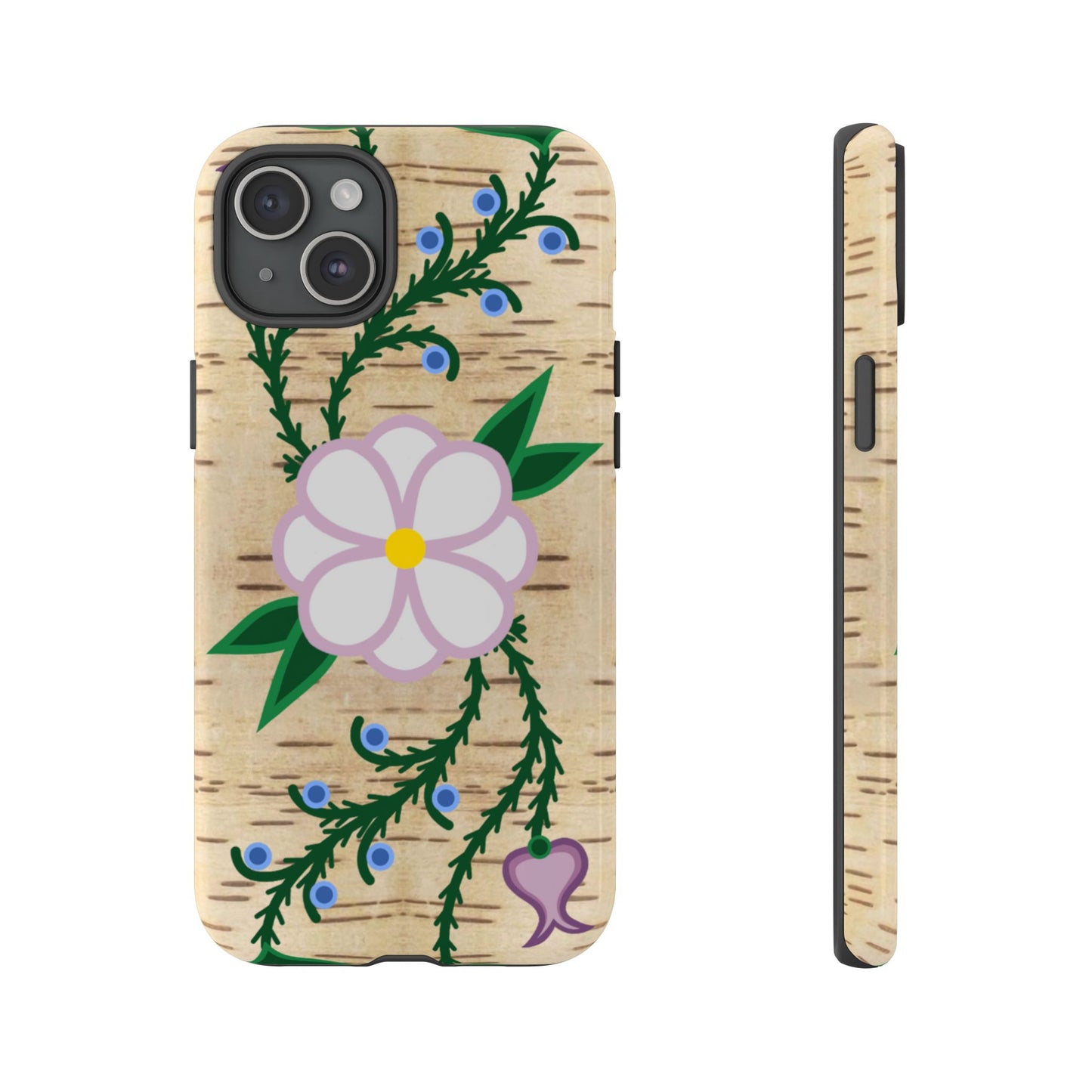 Birchbark Print Ojibwe Floral Tough Phone Cases - Black