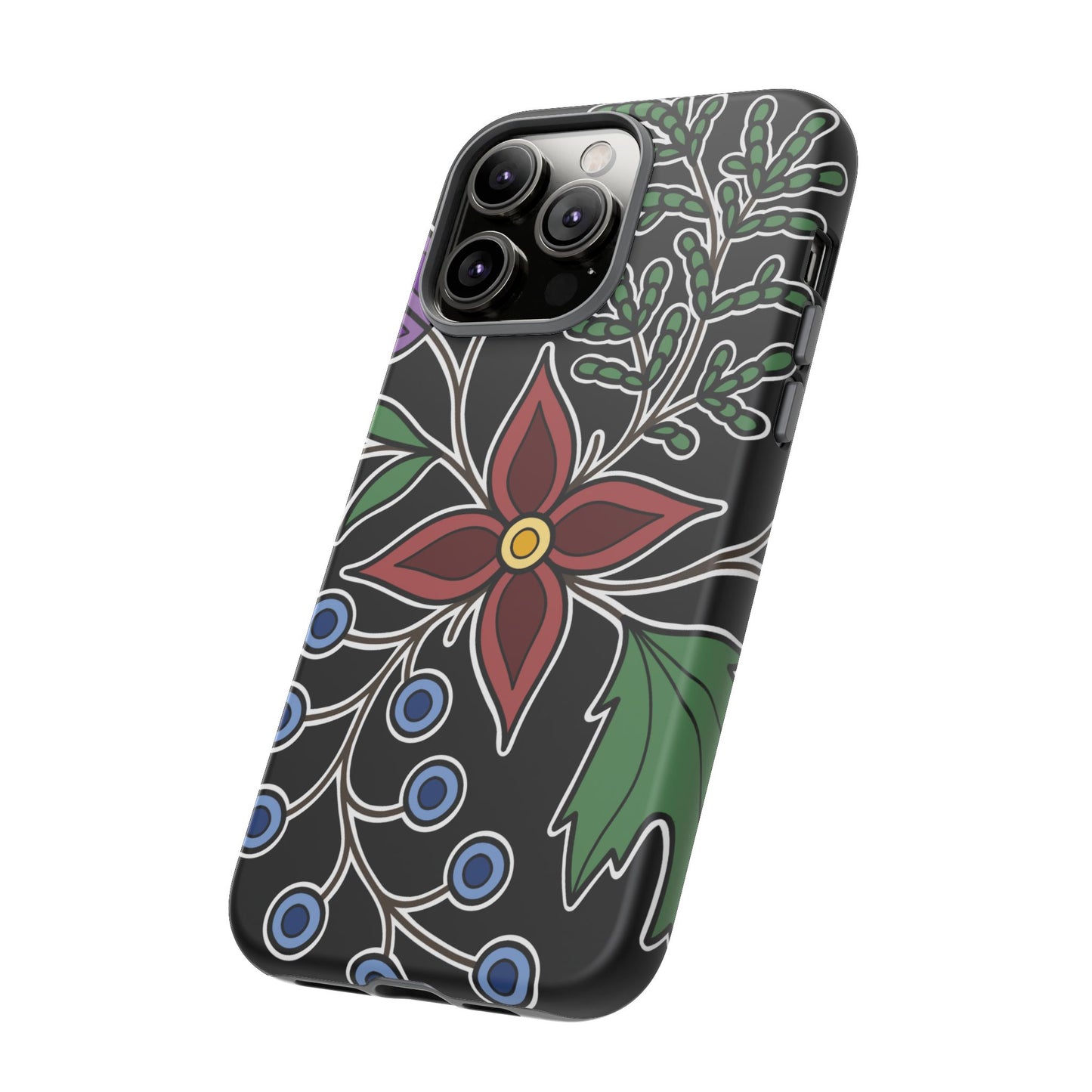 Giizhik (Cedar) & Miinan (Blueberries) Ojibwe Floral Tough Phone Cases - Black