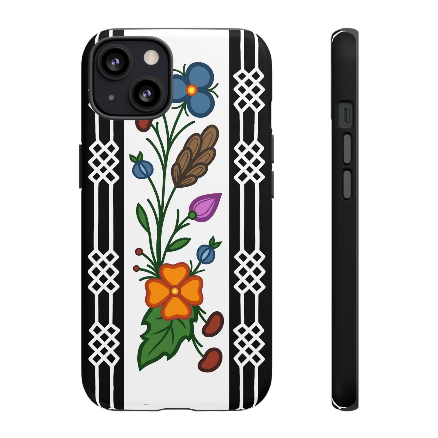 Ojibwe Floral Panel & Otter Track Geometric Border - Tough Phone Cases - Black