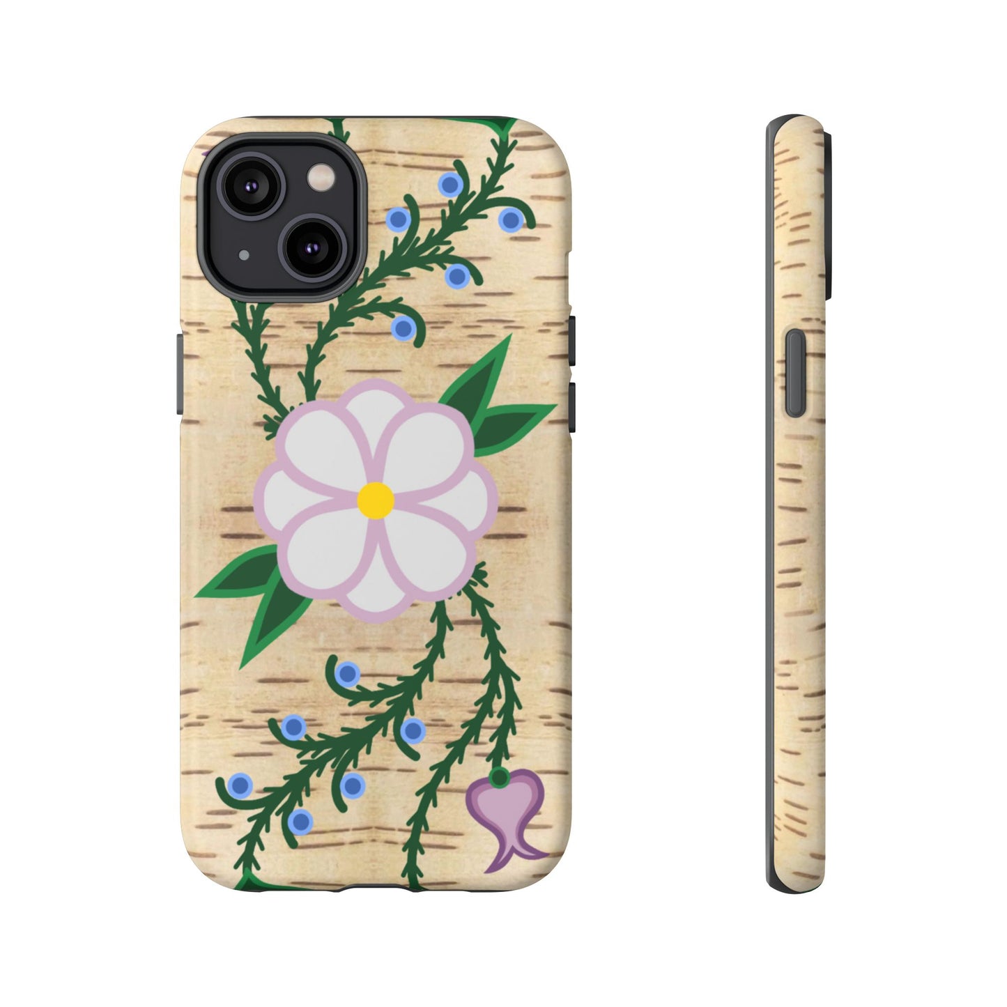 Birchbark Print Ojibwe Floral Tough Phone Cases - Black