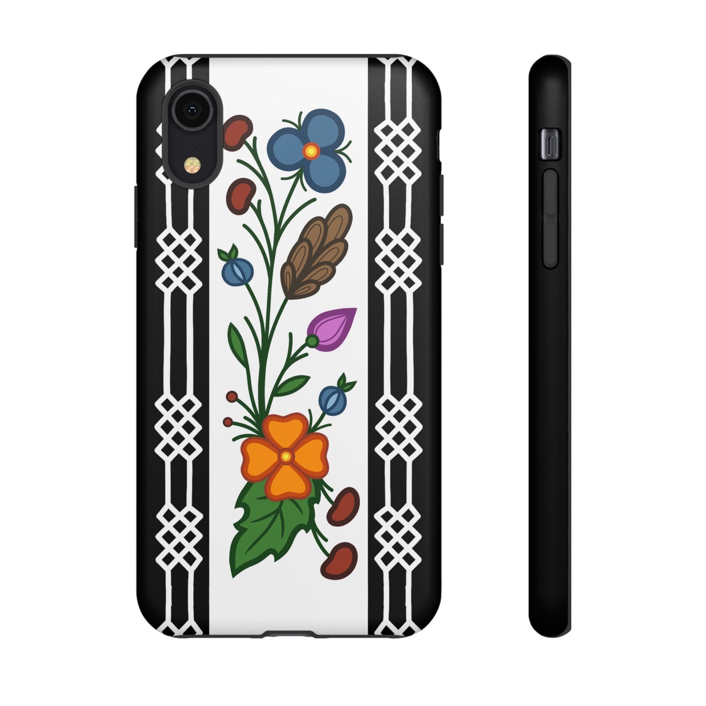 Ojibwe Floral Panel & Otter Track Geometric Border - Tough Phone Cases - Black