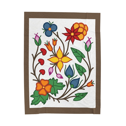 Woodland Florals - Traditonal Ojibwe Floral Design - 60"x80" Velveteen Plush Blanket - White & Brown