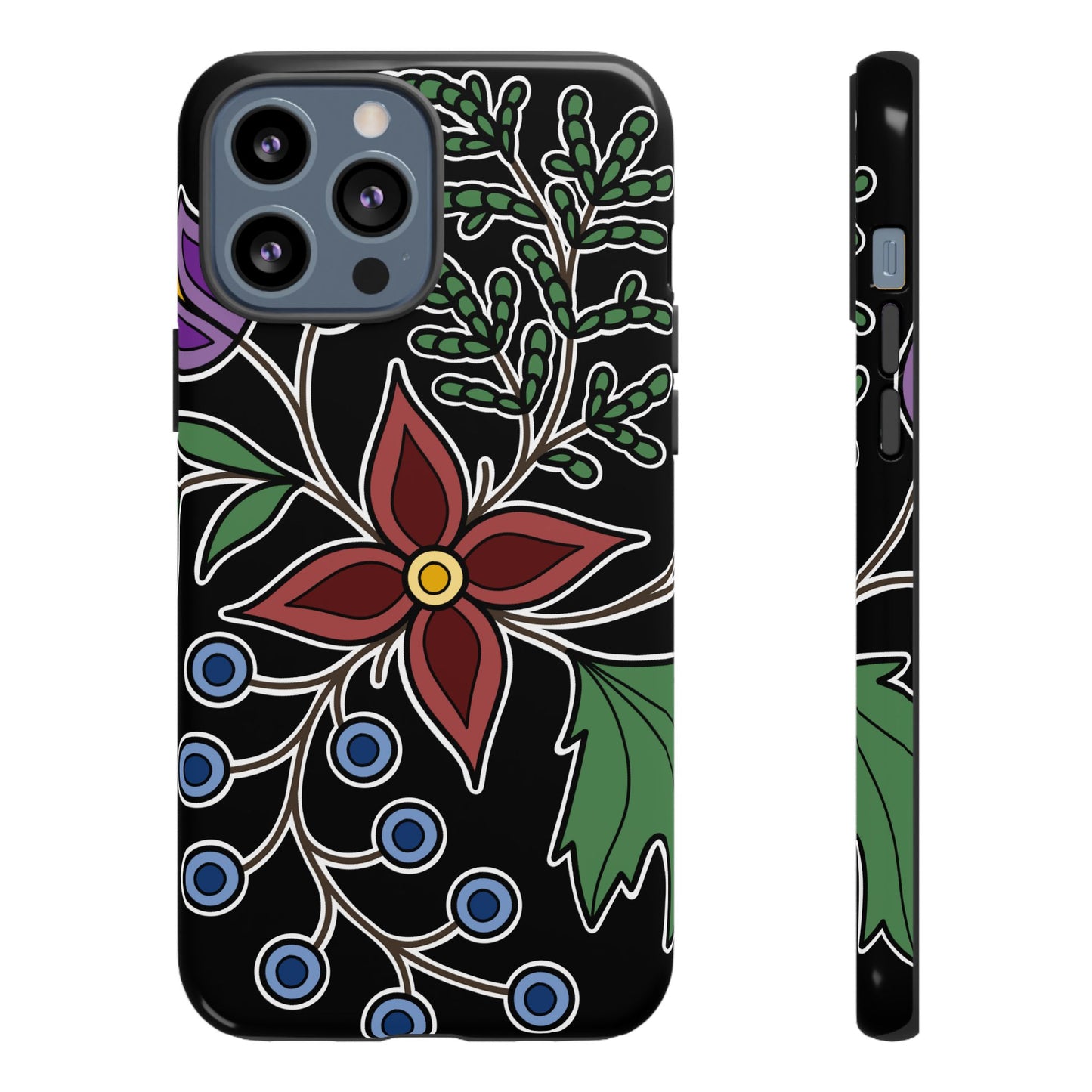 Giizhik (Cedar) & Miinan (Blueberries) Ojibwe Floral Tough Phone Cases - Black