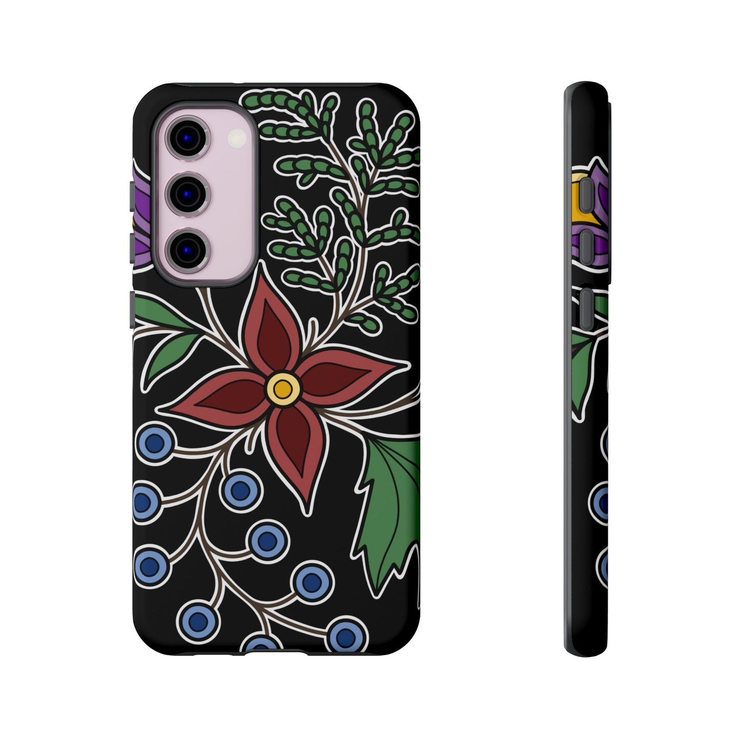 Giizhik (Cedar) & Miinan (Blueberries) Ojibwe Floral Tough Phone Cases - Black