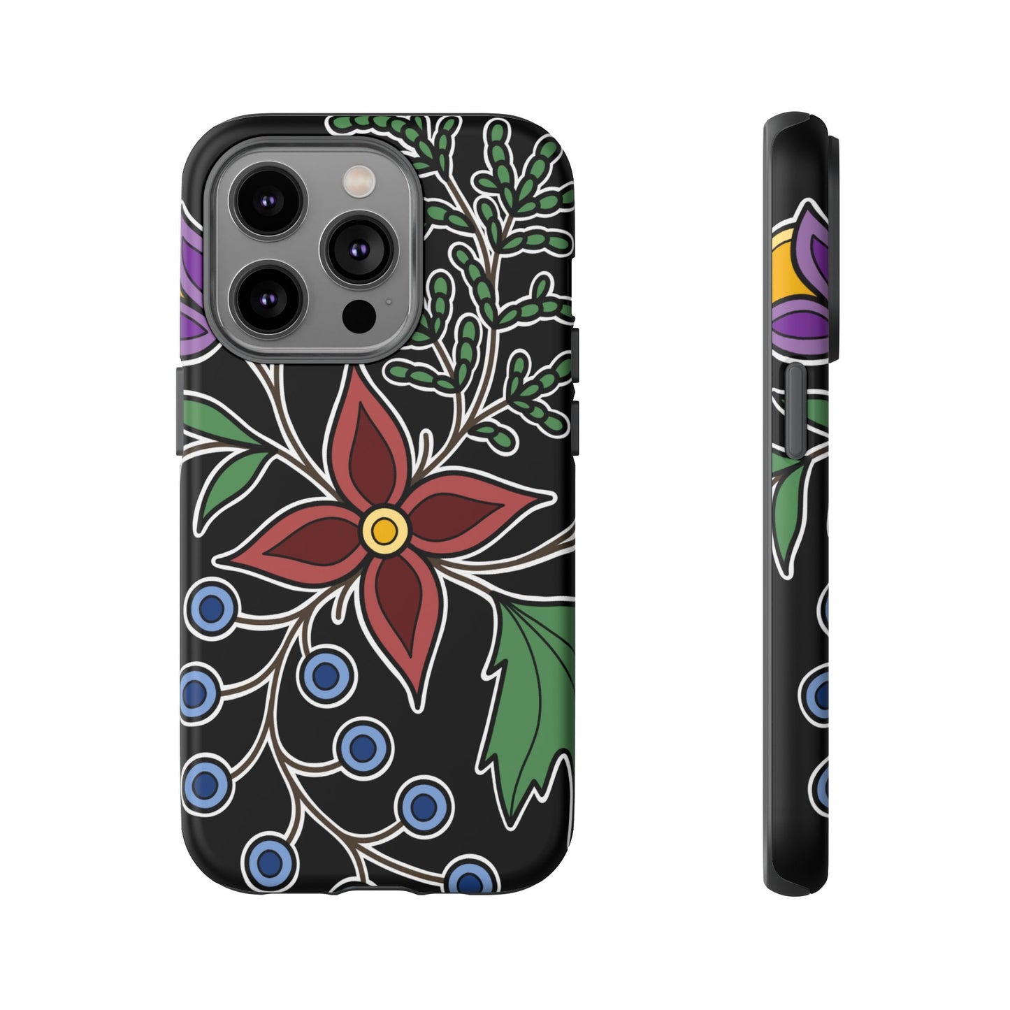 Giizhik (Cedar) & Miinan (Blueberries) Ojibwe Floral Tough Phone Cases - Black