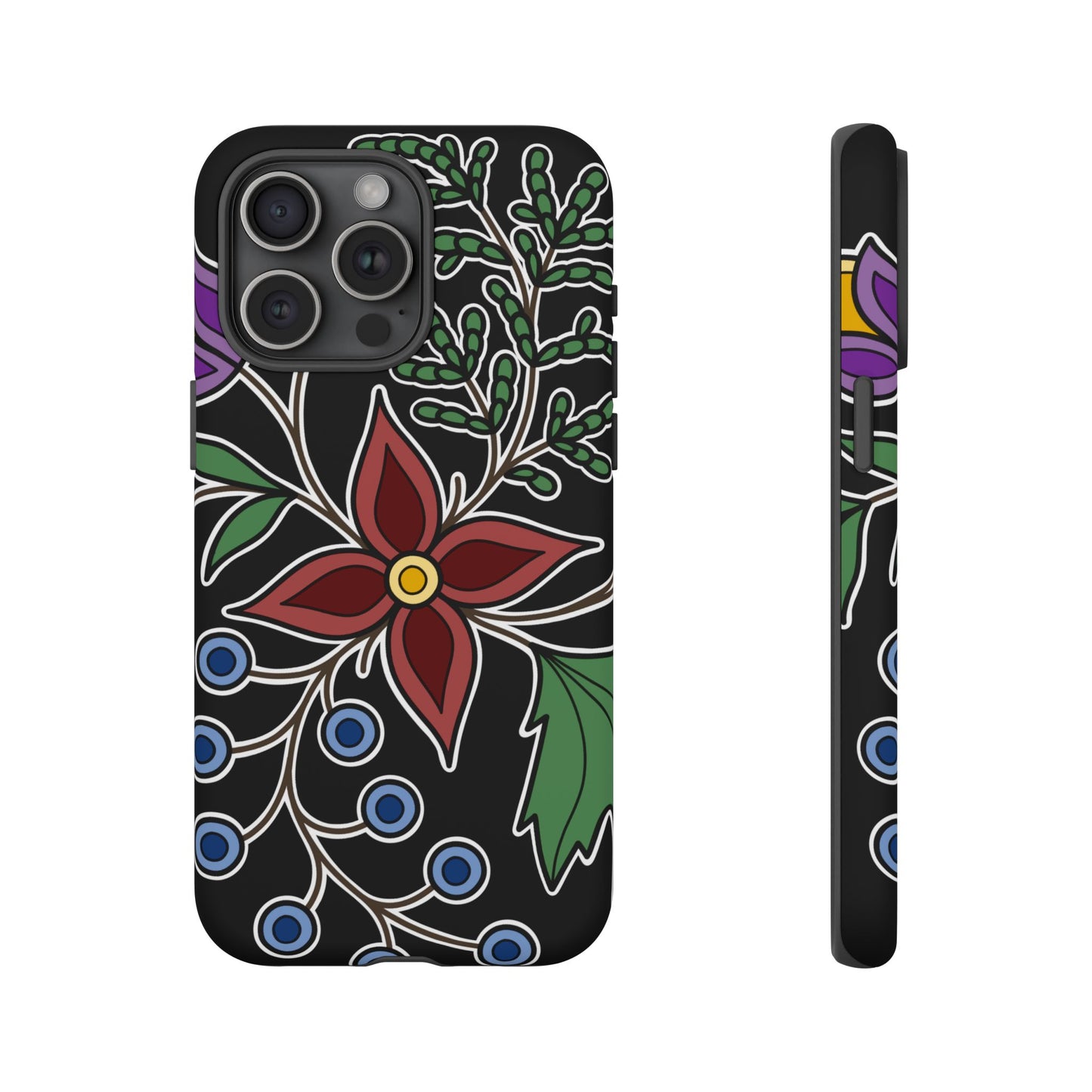 Giizhik (Cedar) & Miinan (Blueberries) Ojibwe Floral Tough Phone Cases - Black