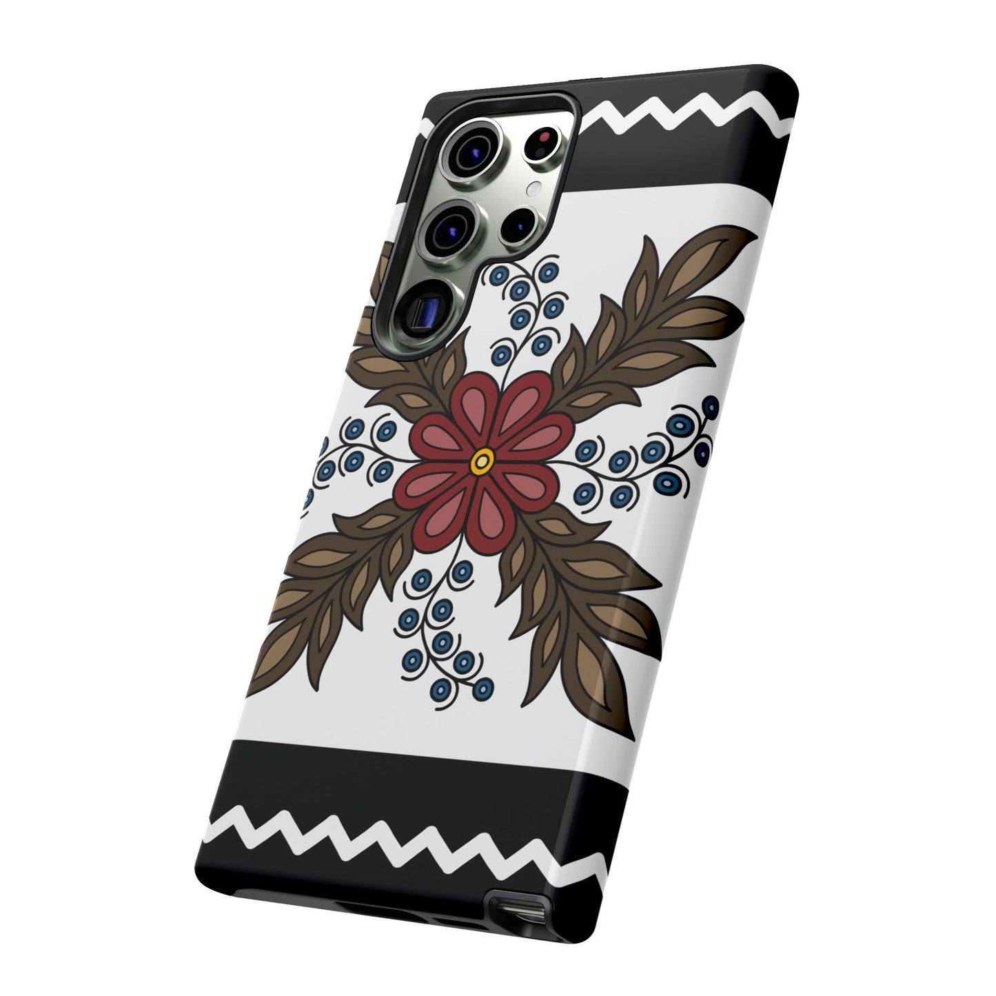 Traditional Style Ojibwe Floral Design With Zig-Zag Geometric Border Design - Tough Phone Cases - Black