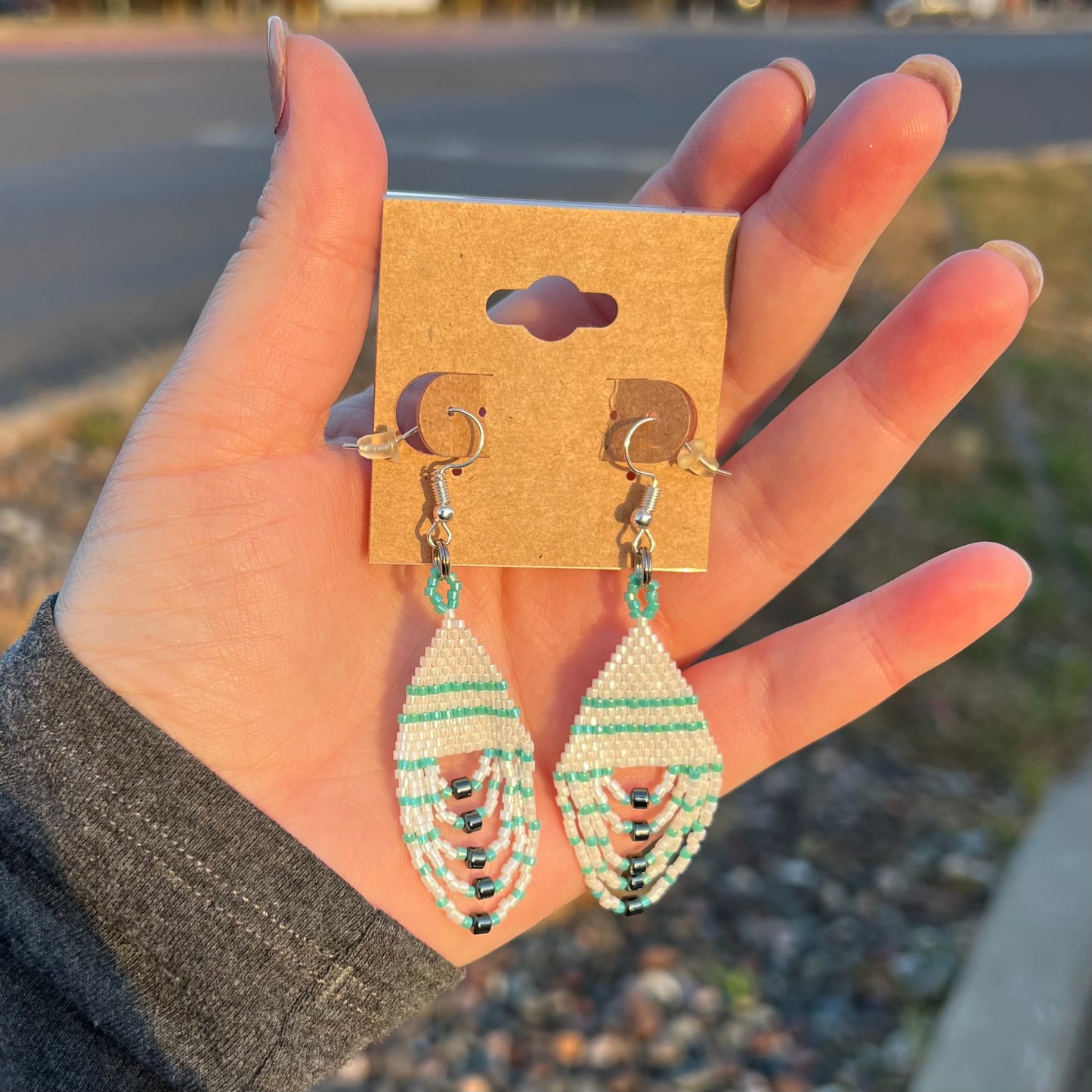 Beaded Fringe Earrings - White & Turquoise