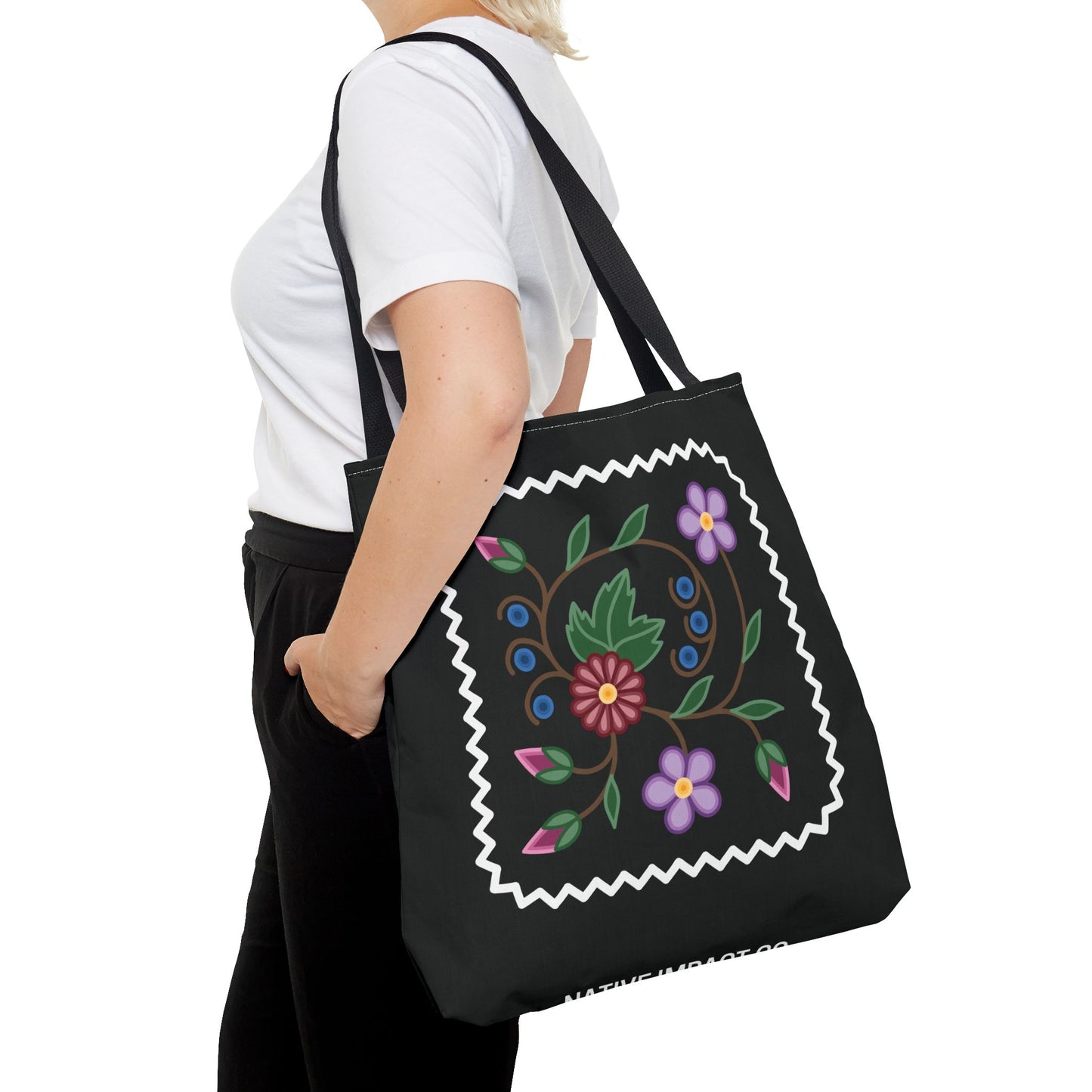 Woodland Style Ojibwe Floral Spiral Design - Tote Bag with Zig Zag Border Detail