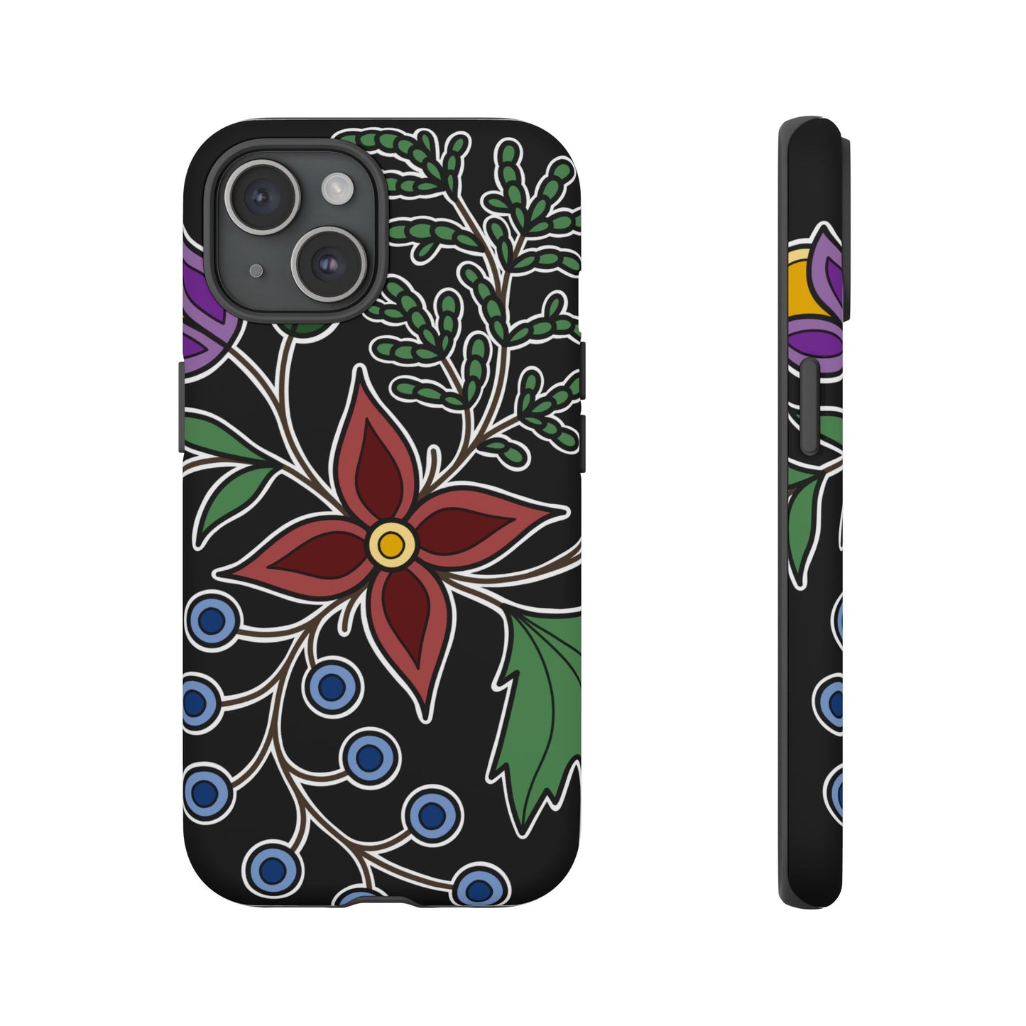 Giizhik (Cedar) & Miinan (Blueberries) Ojibwe Floral Tough Phone Cases - Black