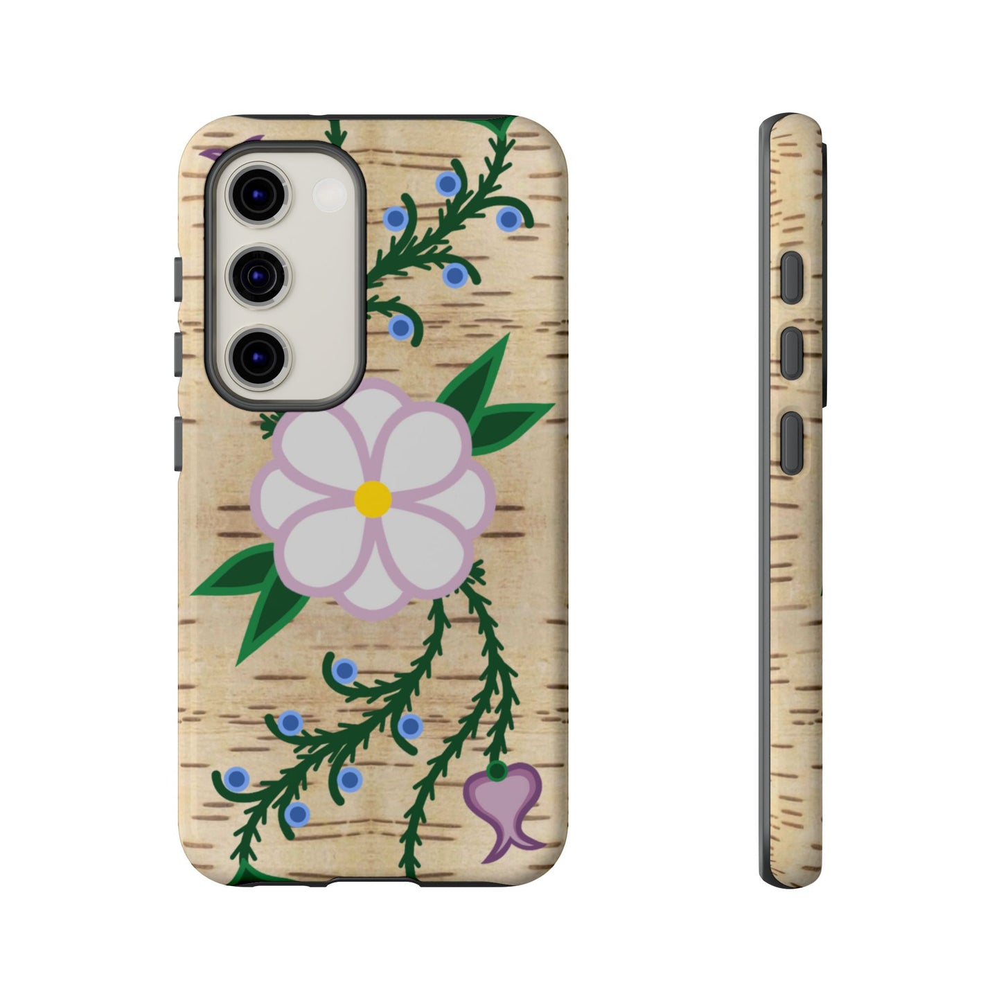 Birchbark Print Ojibwe Floral Tough Phone Cases - Black