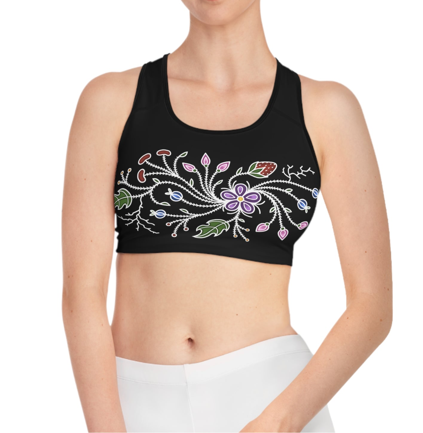 Ode ‘imin Strawberry Ojibwe Floral Design  - Sports Bra