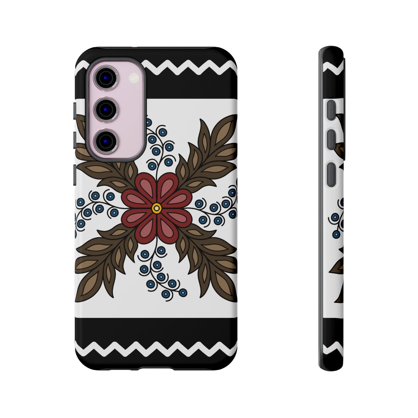 Traditional Style Ojibwe Floral Design With Zig-Zag Geometric Border Design - Tough Phone Cases - Black