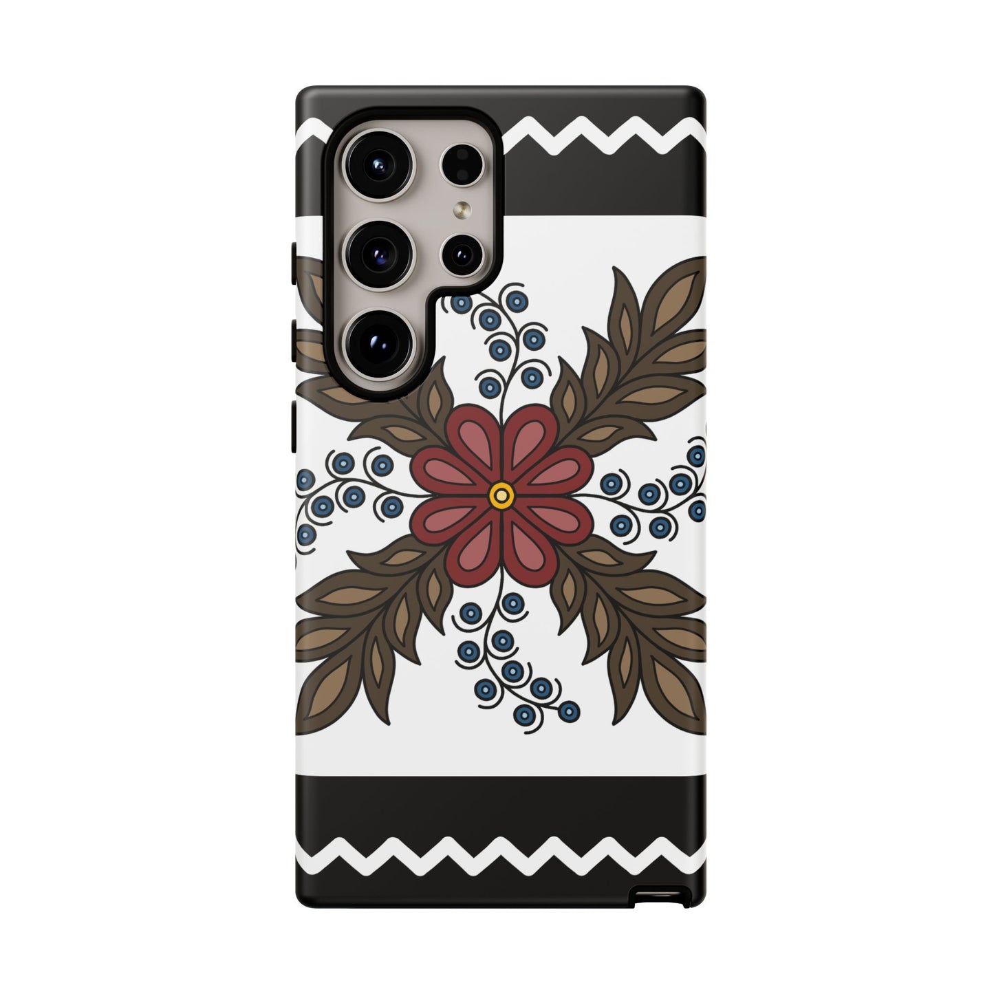 Traditional Style Ojibwe Floral Design With Zig-Zag Geometric Border Design - Tough Phone Cases - Black