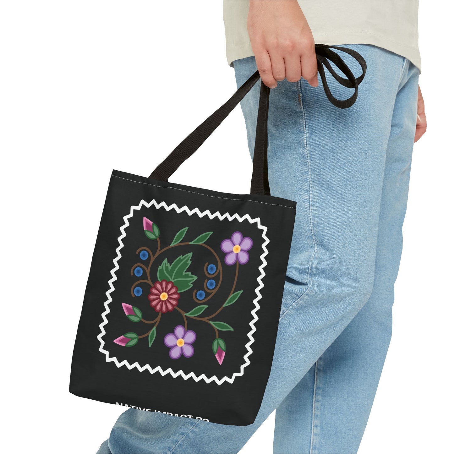 Woodland Style Ojibwe Floral Spiral Design - Tote Bag with Zig Zag Border Detail