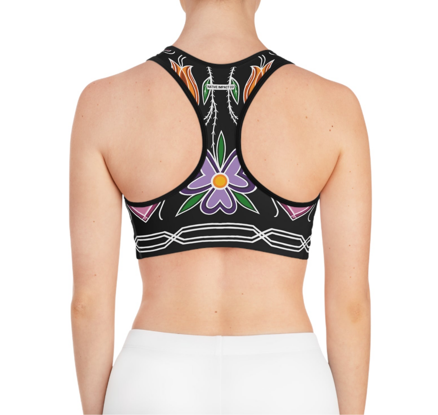 Gashkibidaagan Ojibwe Floral Design With Otter Track Geometric Border - Sports Bra