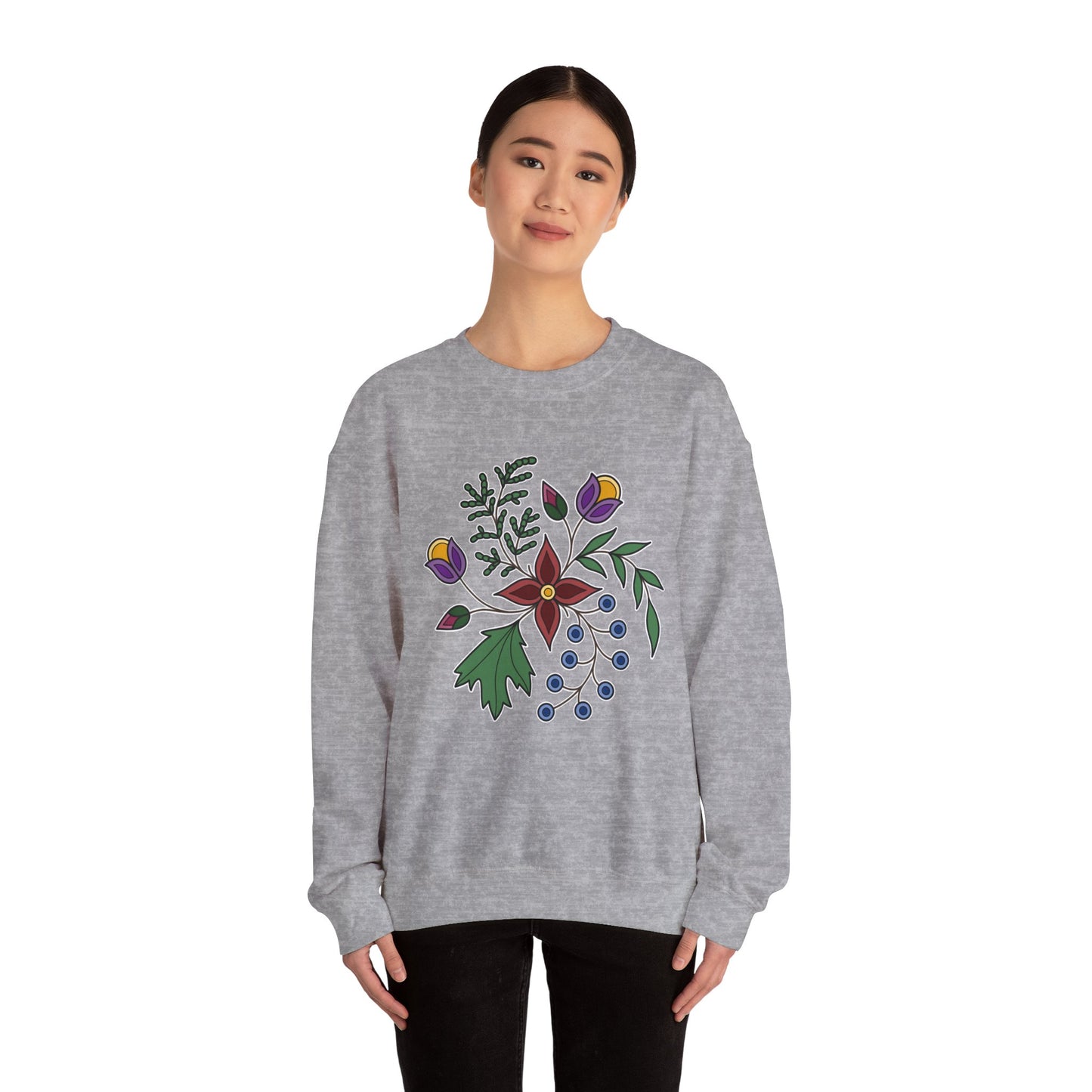 Giizhik / Cedar Ojibwe Floral Design - Unisex Gildan Heavy Blend™ Crewneck Sweatshirt