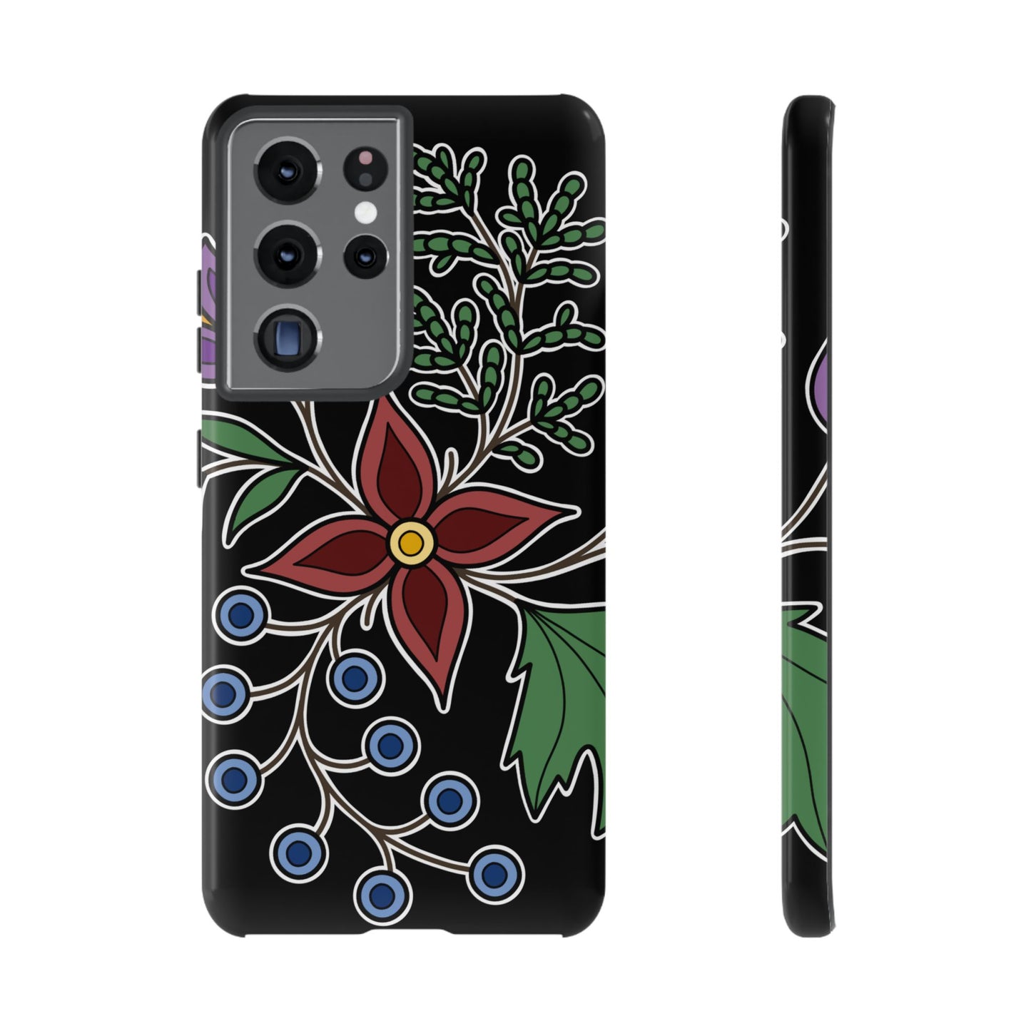 Giizhik (Cedar) & Miinan (Blueberries) Ojibwe Floral Tough Phone Cases - Black