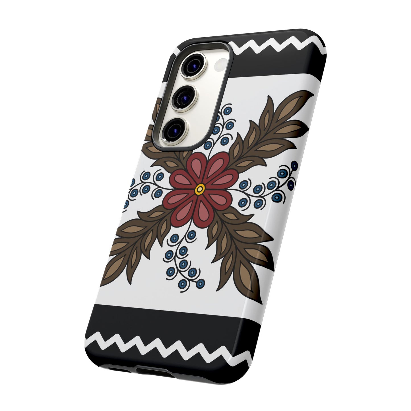 Traditional Style Ojibwe Floral Design With Zig-Zag Geometric Border Design - Tough Phone Cases - Black