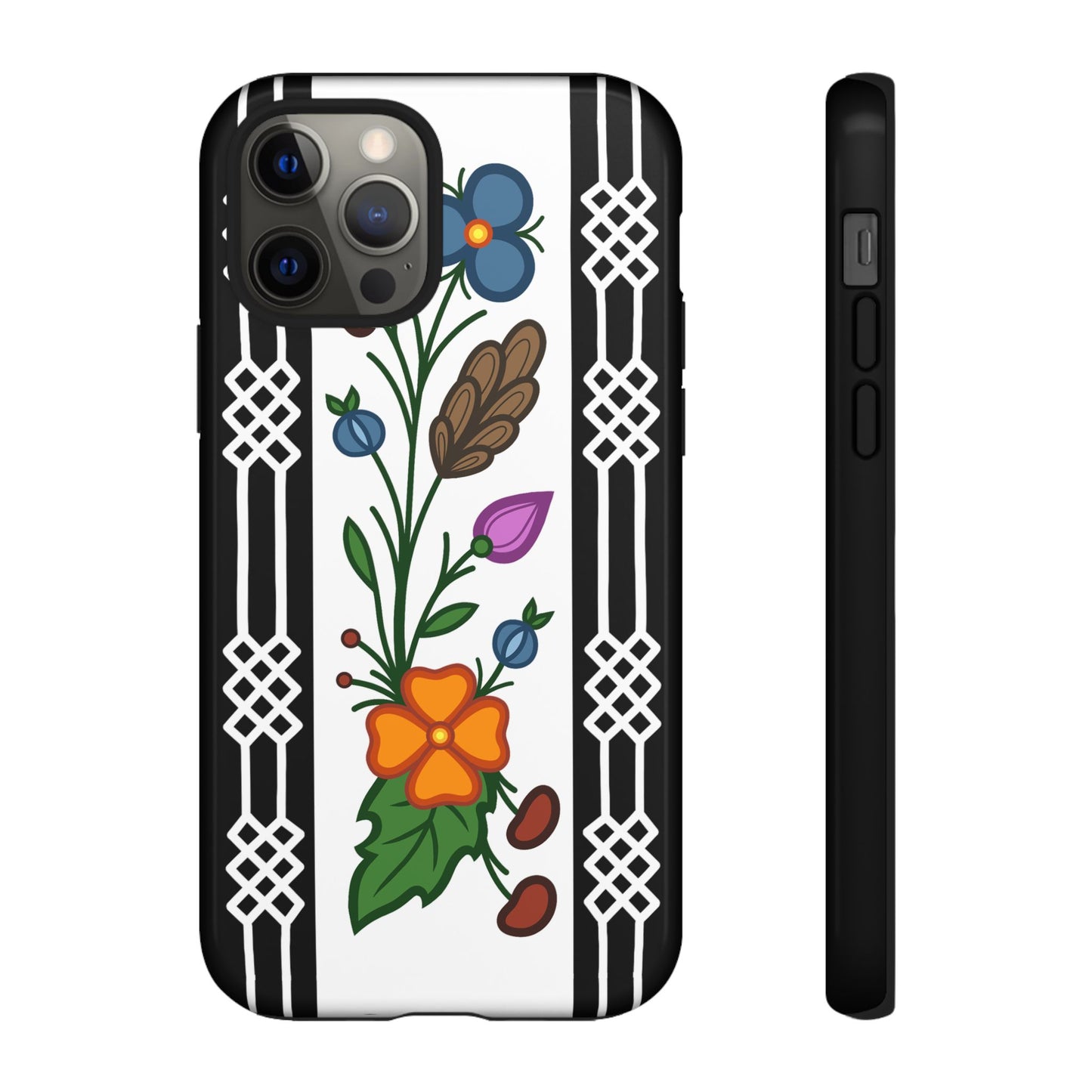 Ojibwe Floral Panel & Otter Track Geometric Border - Tough Phone Cases - Black