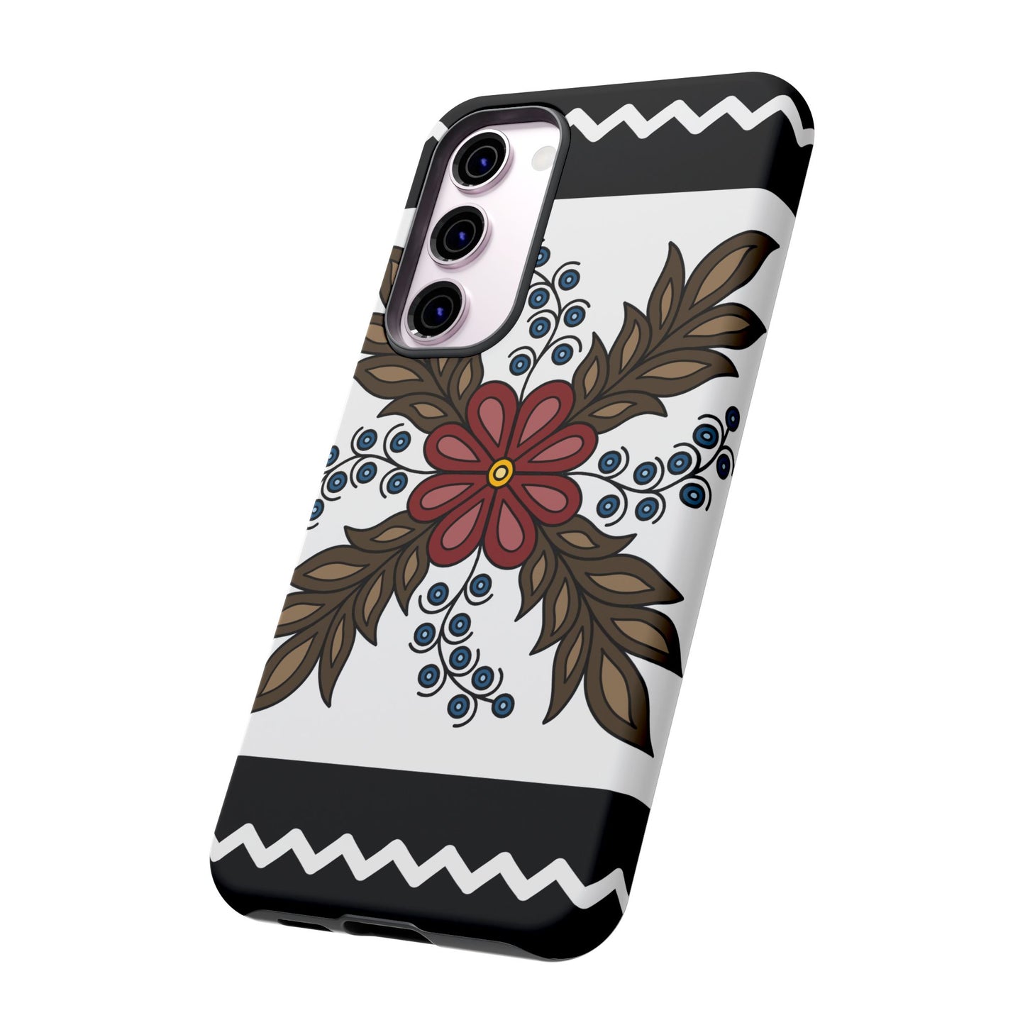 Traditional Style Ojibwe Floral Design With Zig-Zag Geometric Border Design - Tough Phone Cases - Black