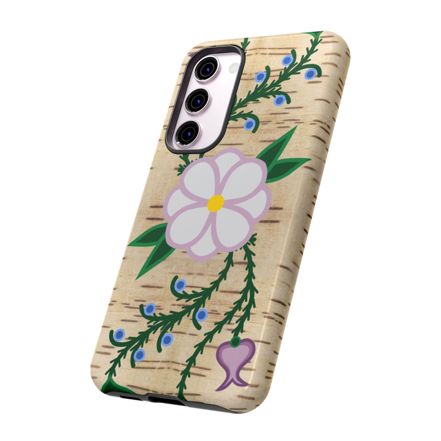 Birchbark Print Ojibwe Floral Tough Phone Cases - Black