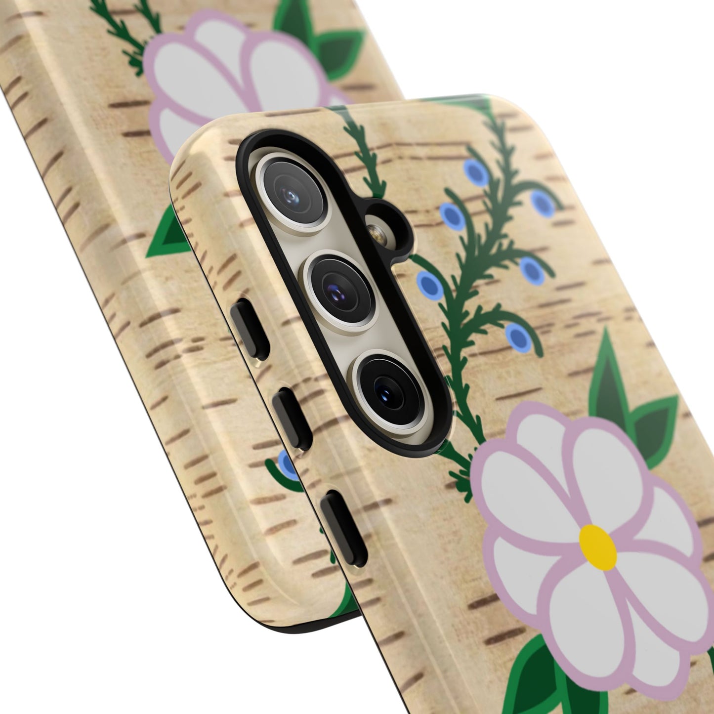 Birchbark Print Ojibwe Floral Tough Phone Cases - Black