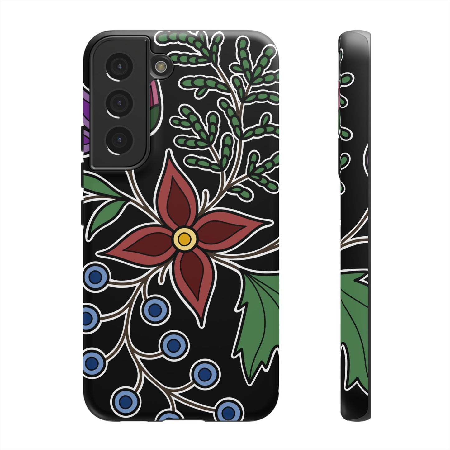 Giizhik (Cedar) & Miinan (Blueberries) Ojibwe Floral Tough Phone Cases - Black