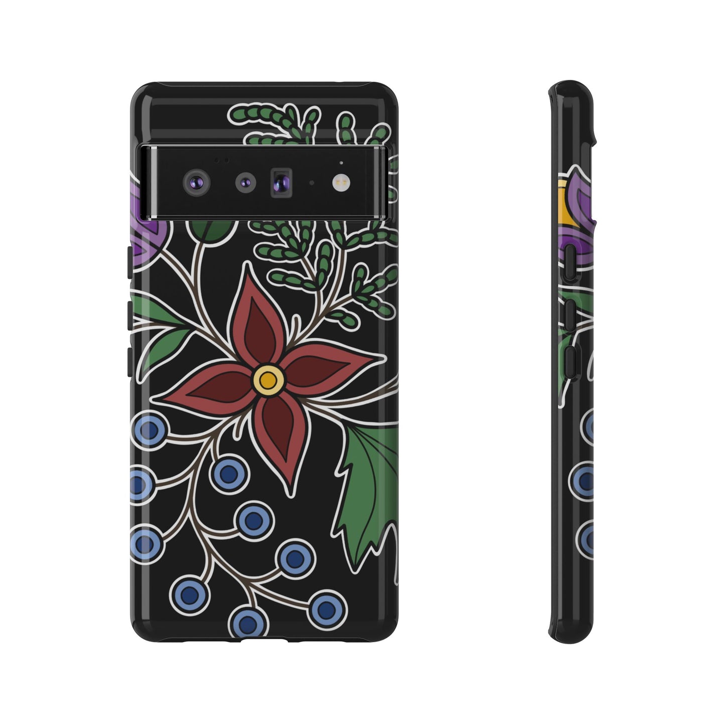 Giizhik (Cedar) & Miinan (Blueberries) Ojibwe Floral Tough Phone Cases - Black