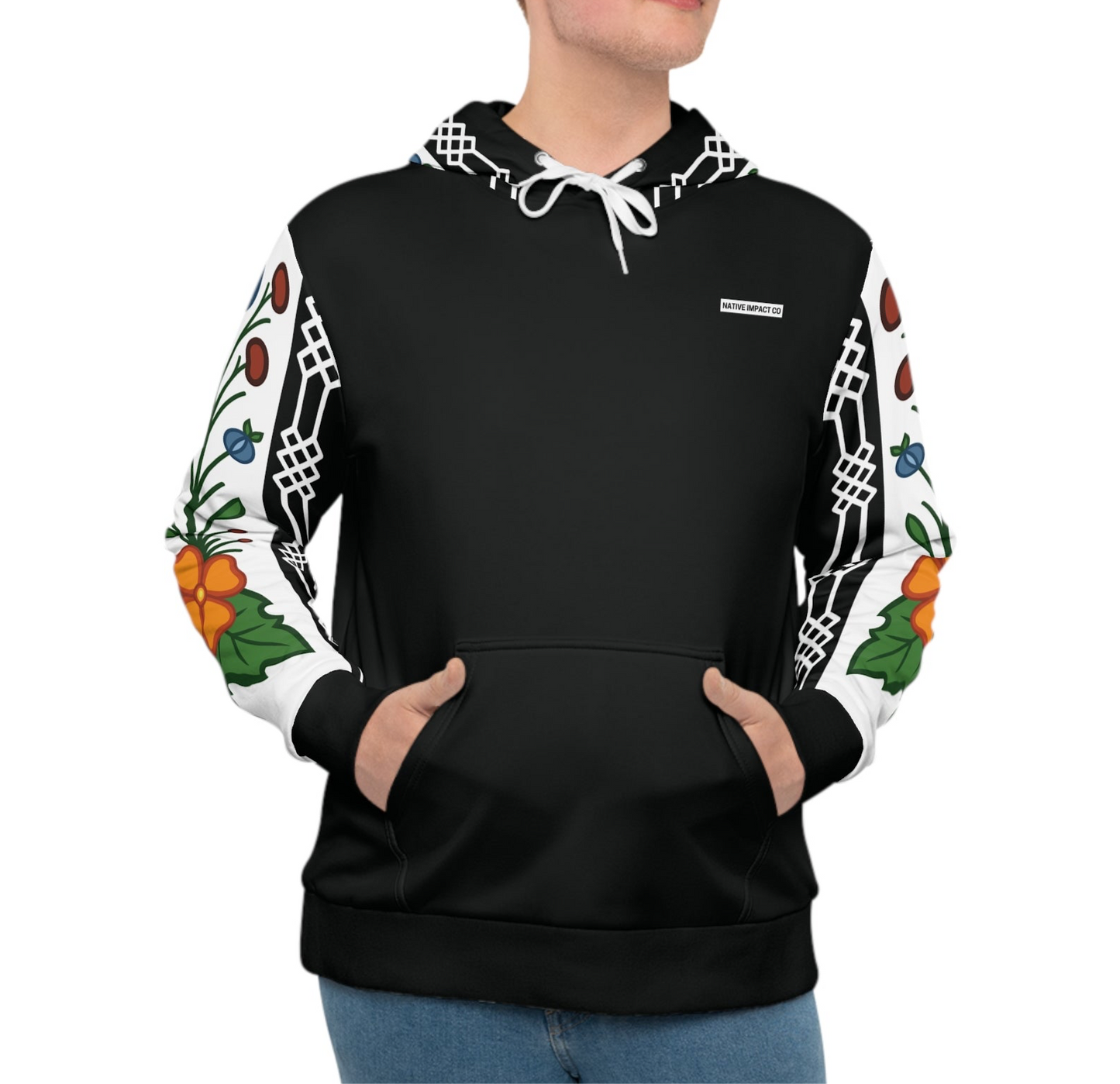 Ojibwe Floral Panel with Otter Track Geometric Borders - Sleeve & Hood Design - Unisex Hoodie