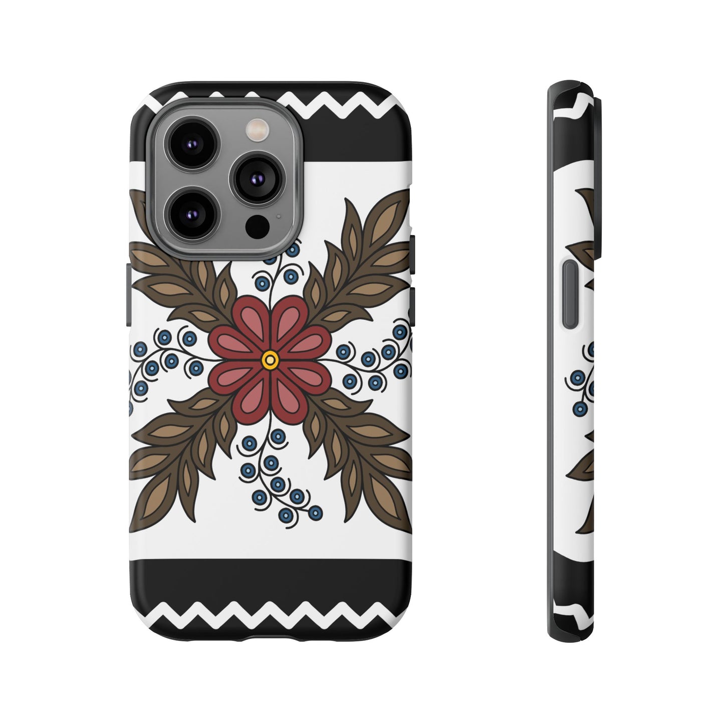 Traditional Style Ojibwe Floral Design With Zig-Zag Geometric Border Design - Tough Phone Cases - Black